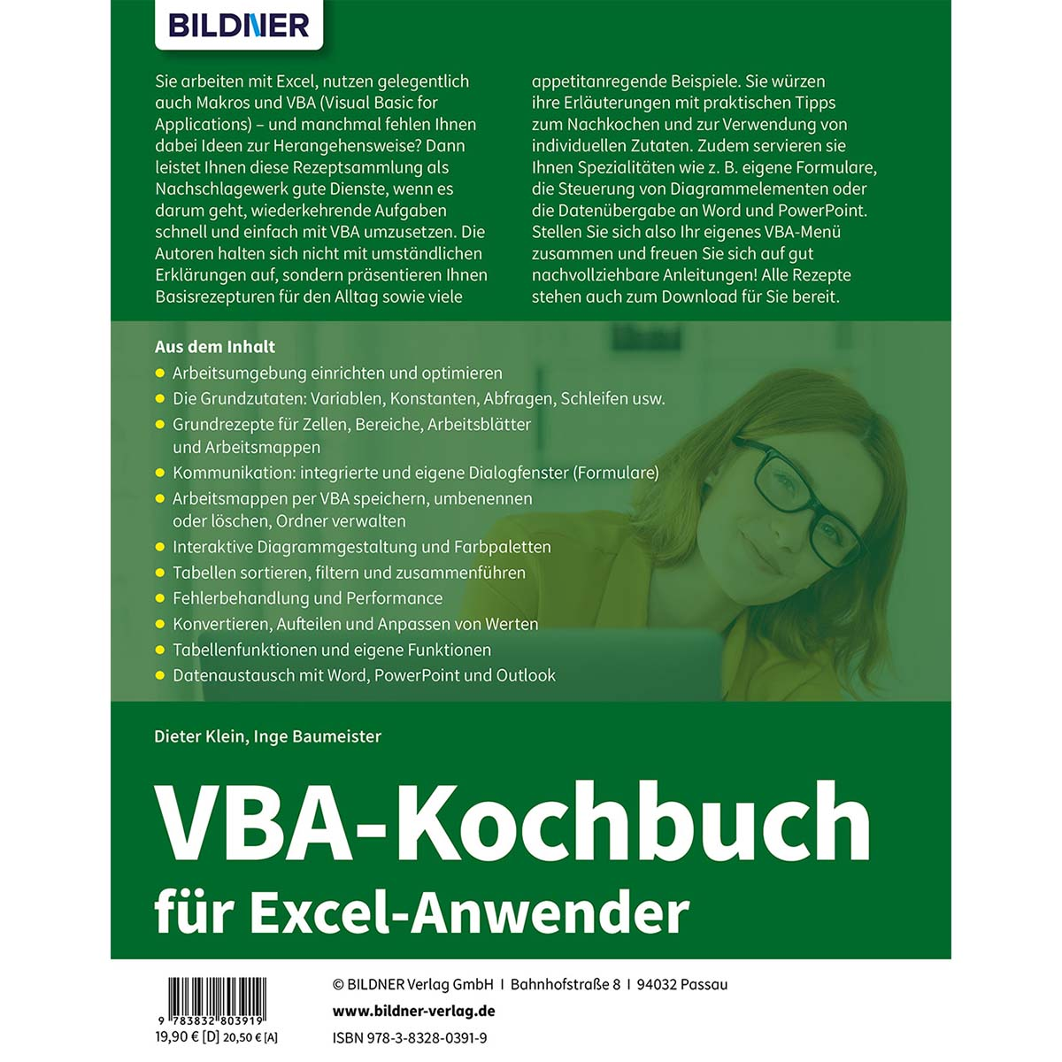 Buchcover mit dem Titel VBA-Kochbuch für Excel-Anwender. Es hat ein Frauenporträt und Text.