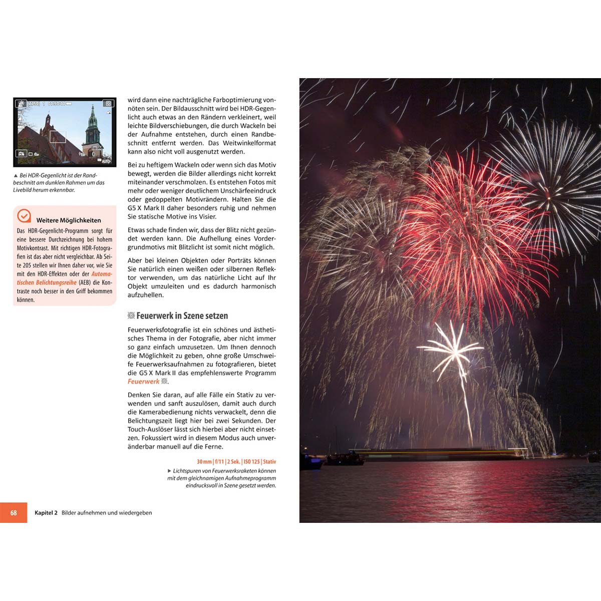 Eine Magazinseite mit Feuerwerk und Text. Auf dunklem Hintergrund mit roten und weißen Feuerwerken.