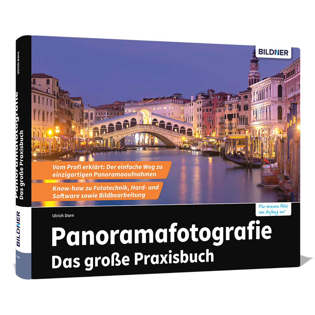 Buchcover mit Venedig-Brücke und Titel 'Panoramafotografie'. Gebäude und Wasser sind sichtbar.