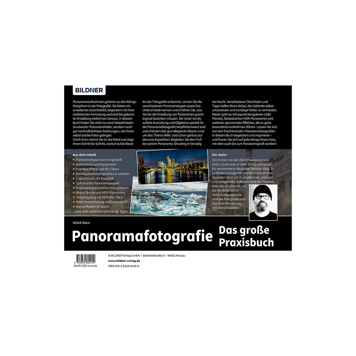 Buchcover mit Text und Bildern über Panoramafotografie, mit Foto des Autors.