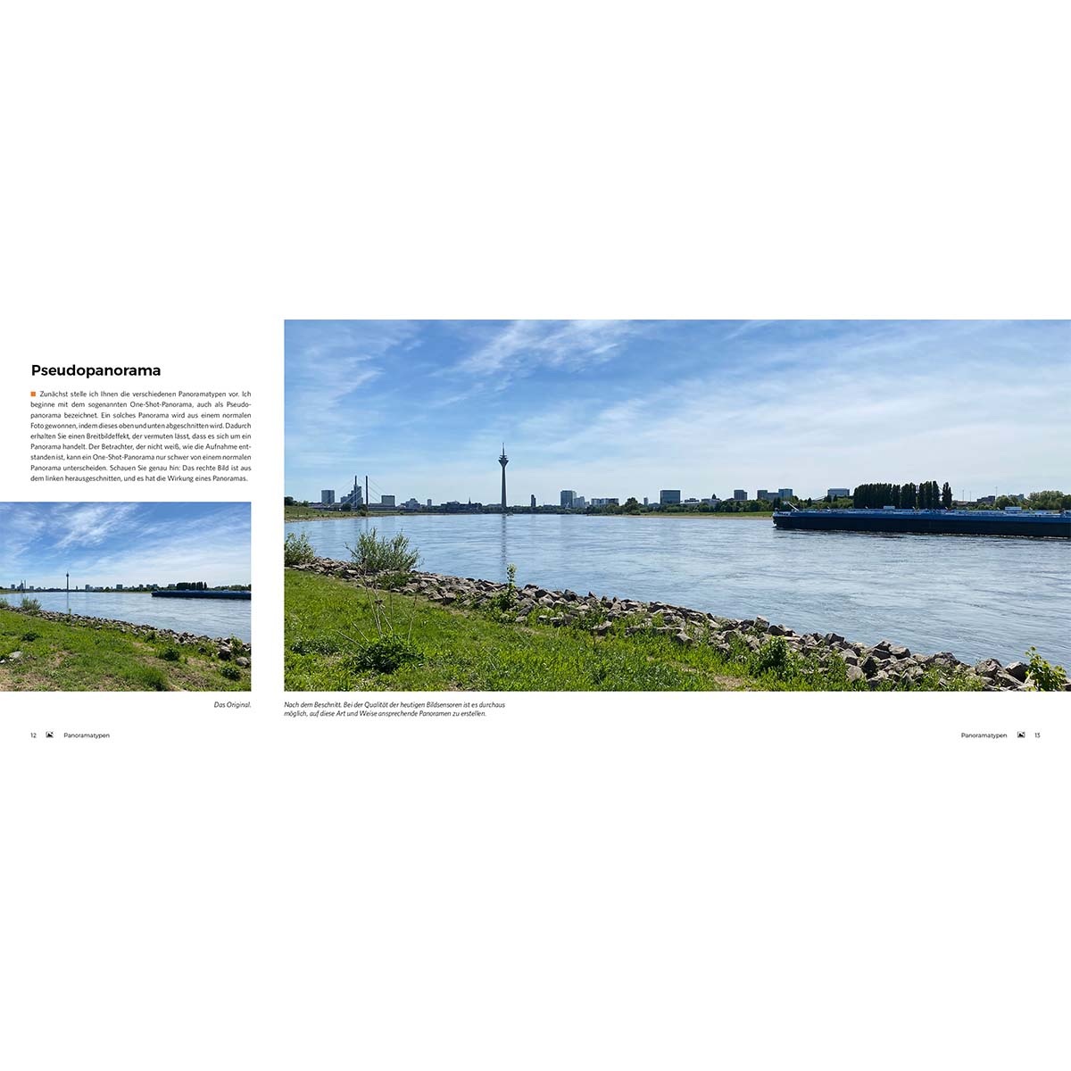 Flusslandschaft mit Skyline und Boot auf dem Wasser. Der Himmel ist blau.