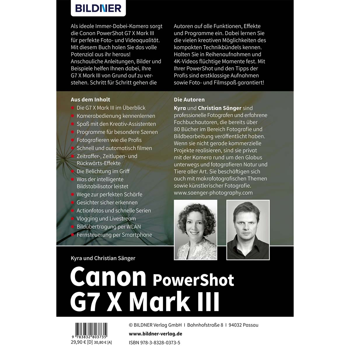 Ein Buchcover mit Text und Fotos, mit zwei Autoren und einer Canon-Kamera.