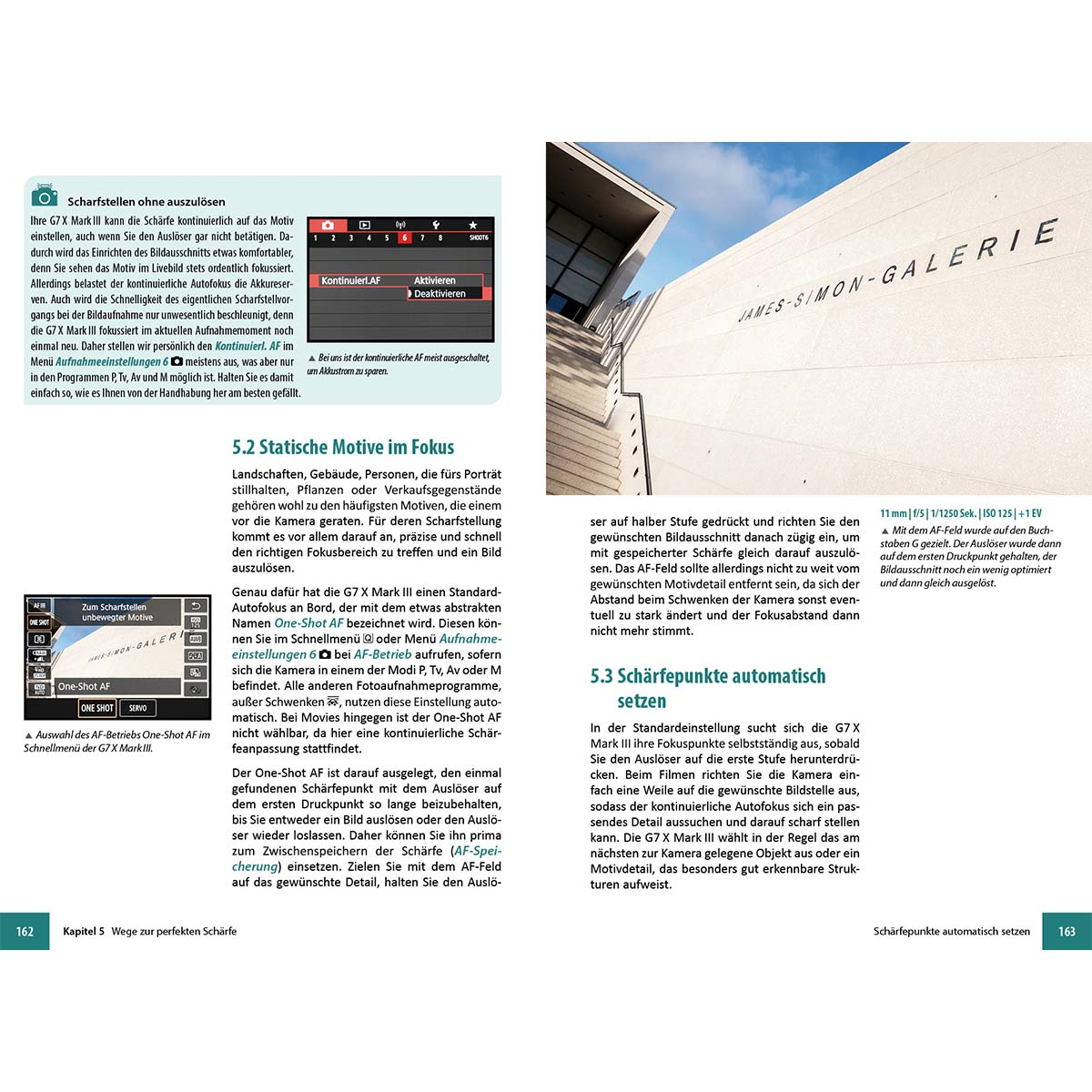 Buchseite mit Text und Illustrationen zu den Autofokus-Einstellungen einer Kamera.