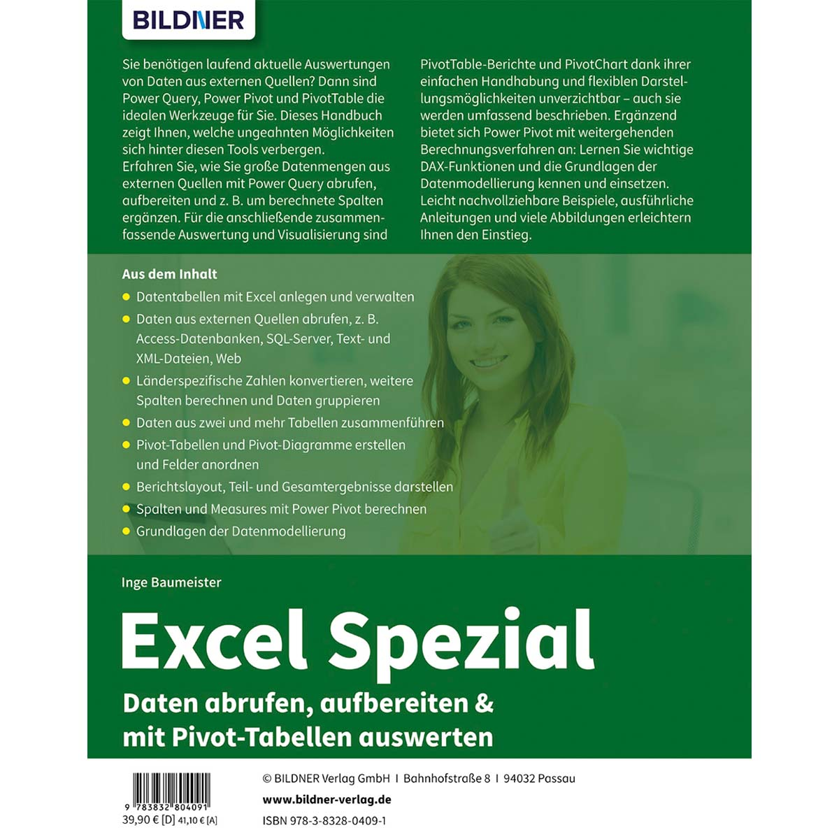 Buchcover mit Frauenfoto und Text über Excel, mit farbigen Elementen.