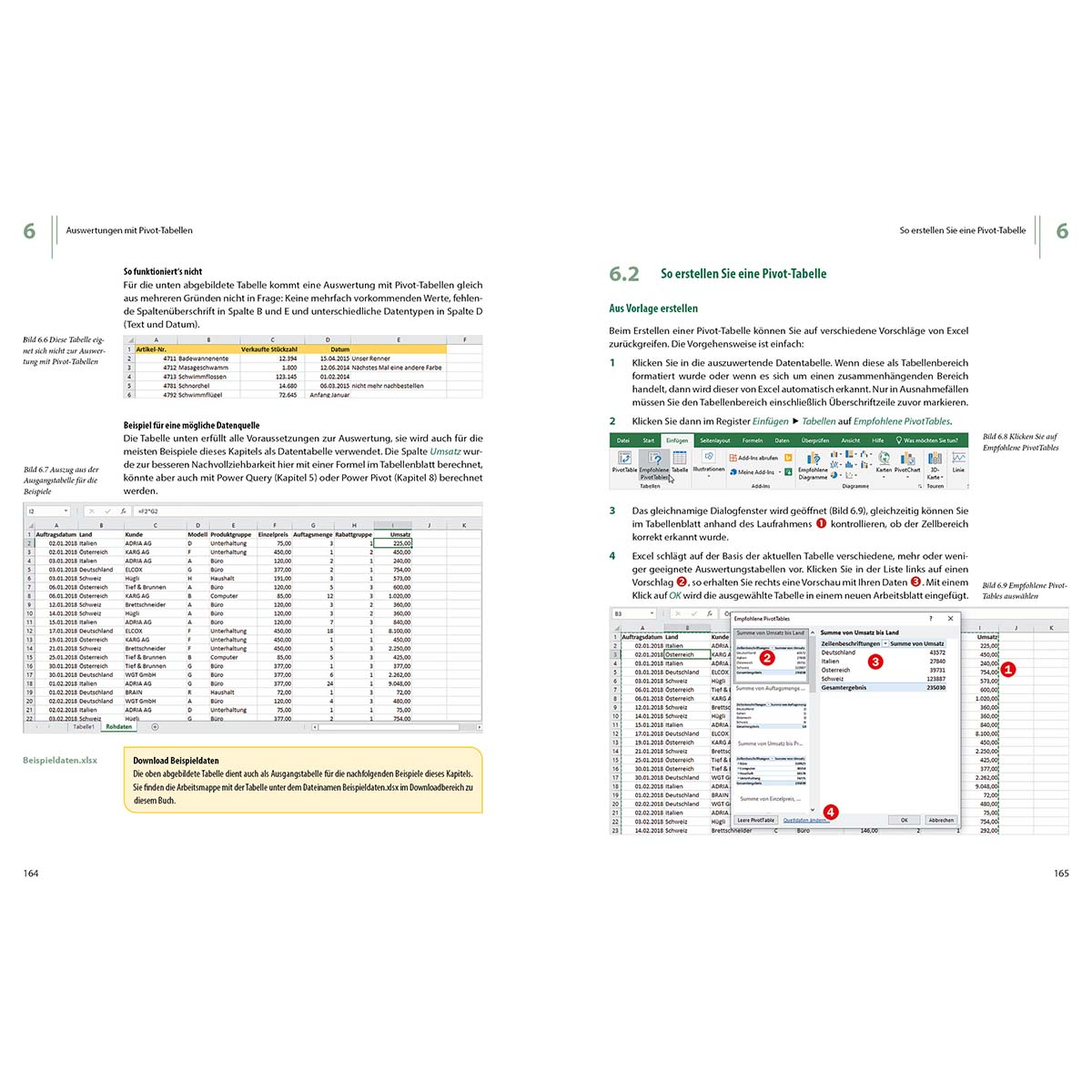 Eine Seite aus einem Buch mit einer Excel-Tabelle, die Zeilen, Spalten und Daten zeigt.