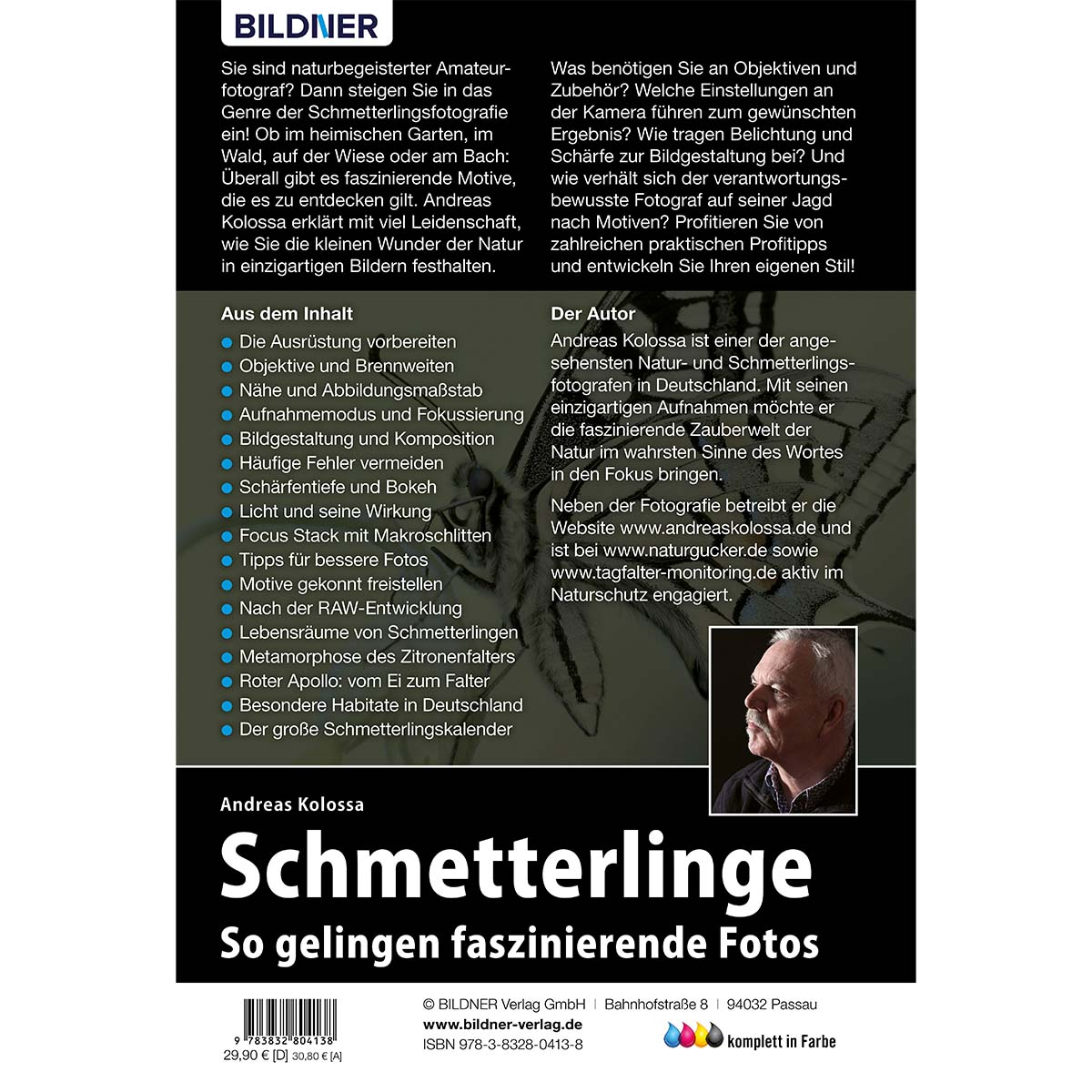 Buchcover mit Text. Hat ein Bild eines Mannes im Anzug. Das Buch handelt von Schmetterlingen und Fotografie.