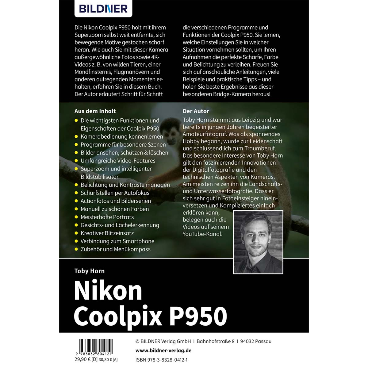 Buchcover mit Text über die Nikon Coolpix P950 Kamera und den Autor Toby Horn.
