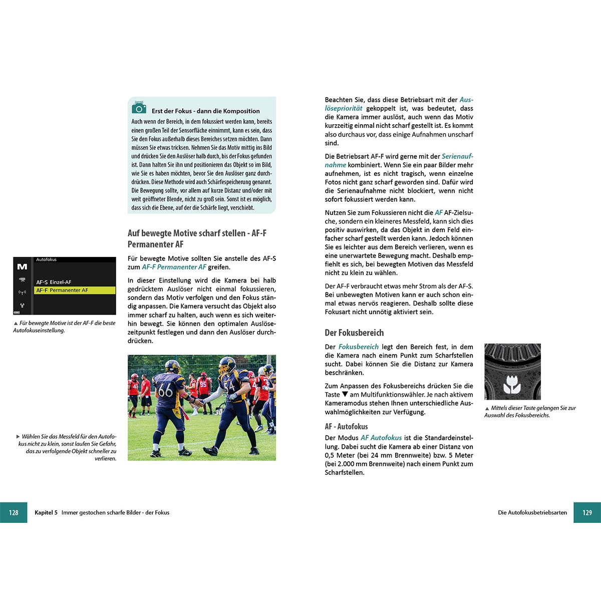 Seitenlayout mit Text, Diagrammen und Bildern, das Kameraeinstellungen und Fokussierungstechniken zeigt.
