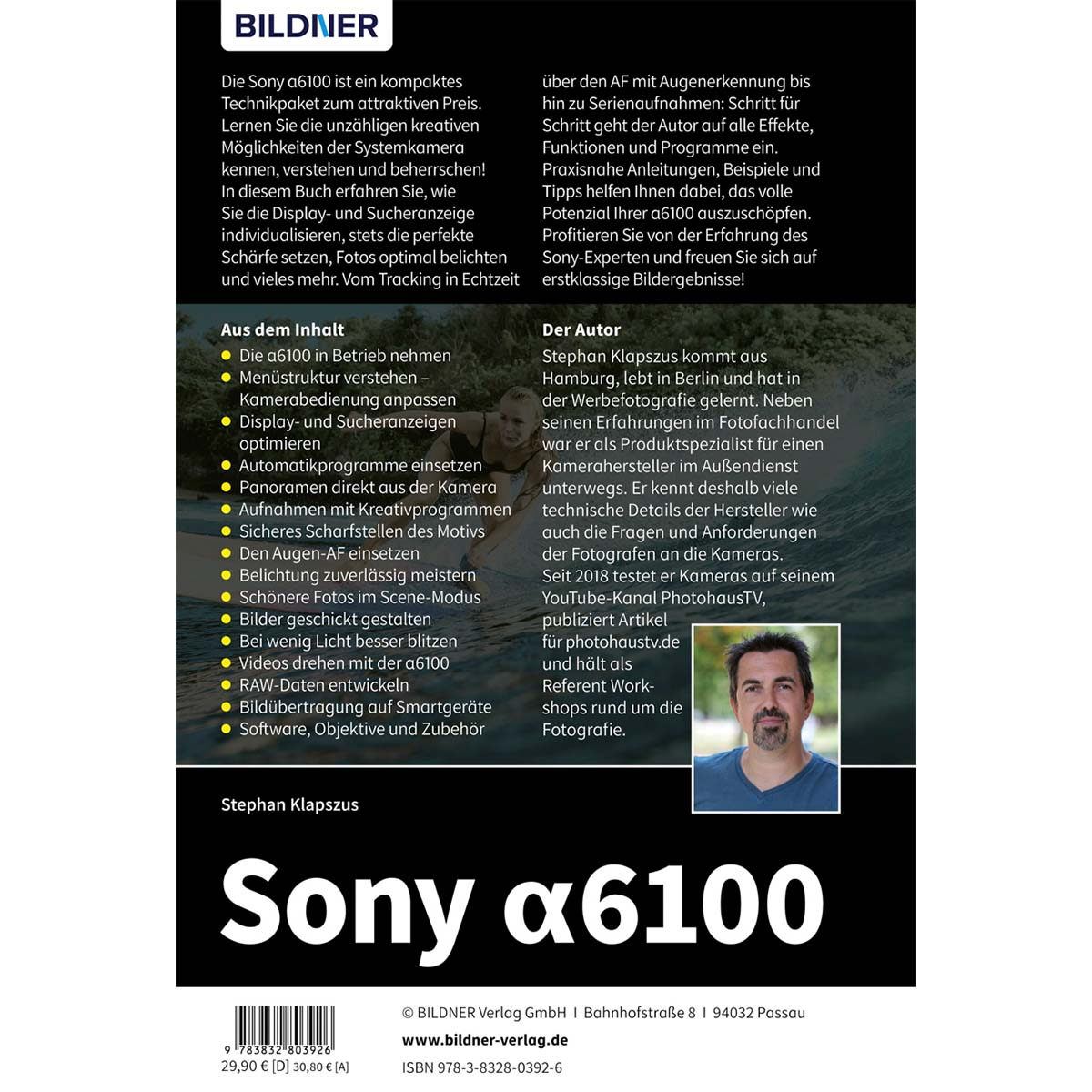 Buchcover für die Sony a6100 Kamera, mit einem Bild des Autors und Text über die Kamera.