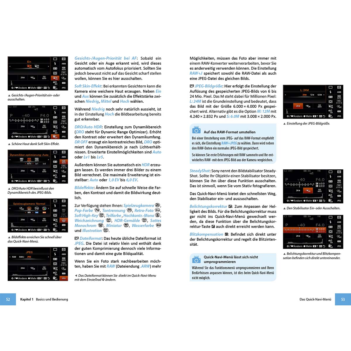 Eine Doppelseite eines Handbuchs über Kamerafunktionen. Enthält Text und verschiedene UI-Beispiele.