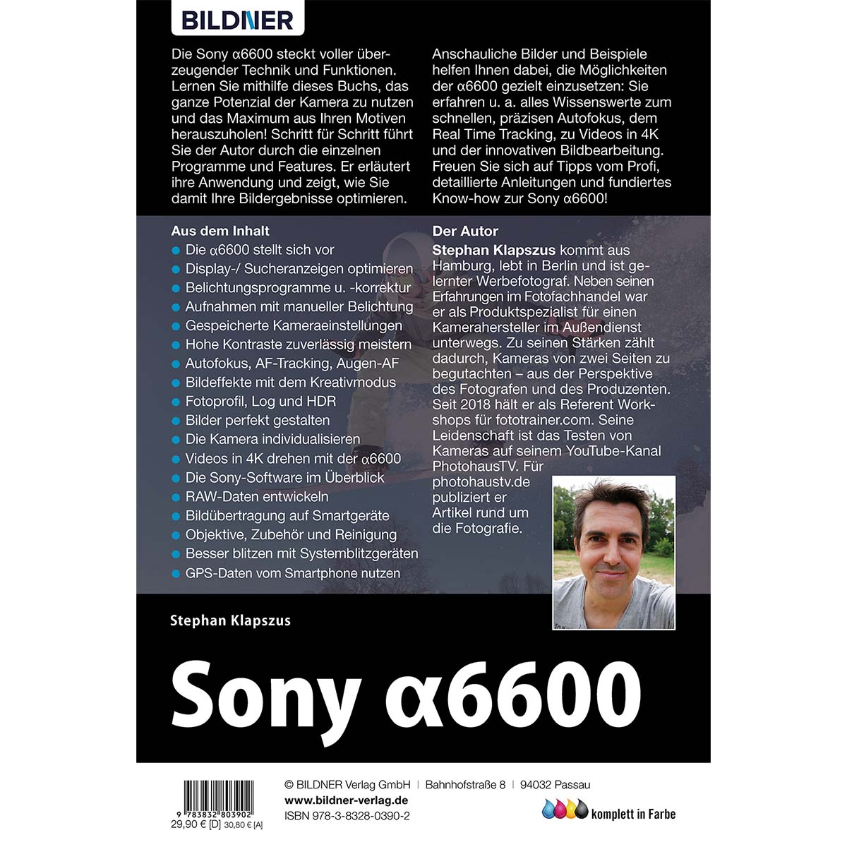 Ein Buchcover mit Text und einem Foto eines Mannes, das die Funktionen der Sony a6600 bewirbt.