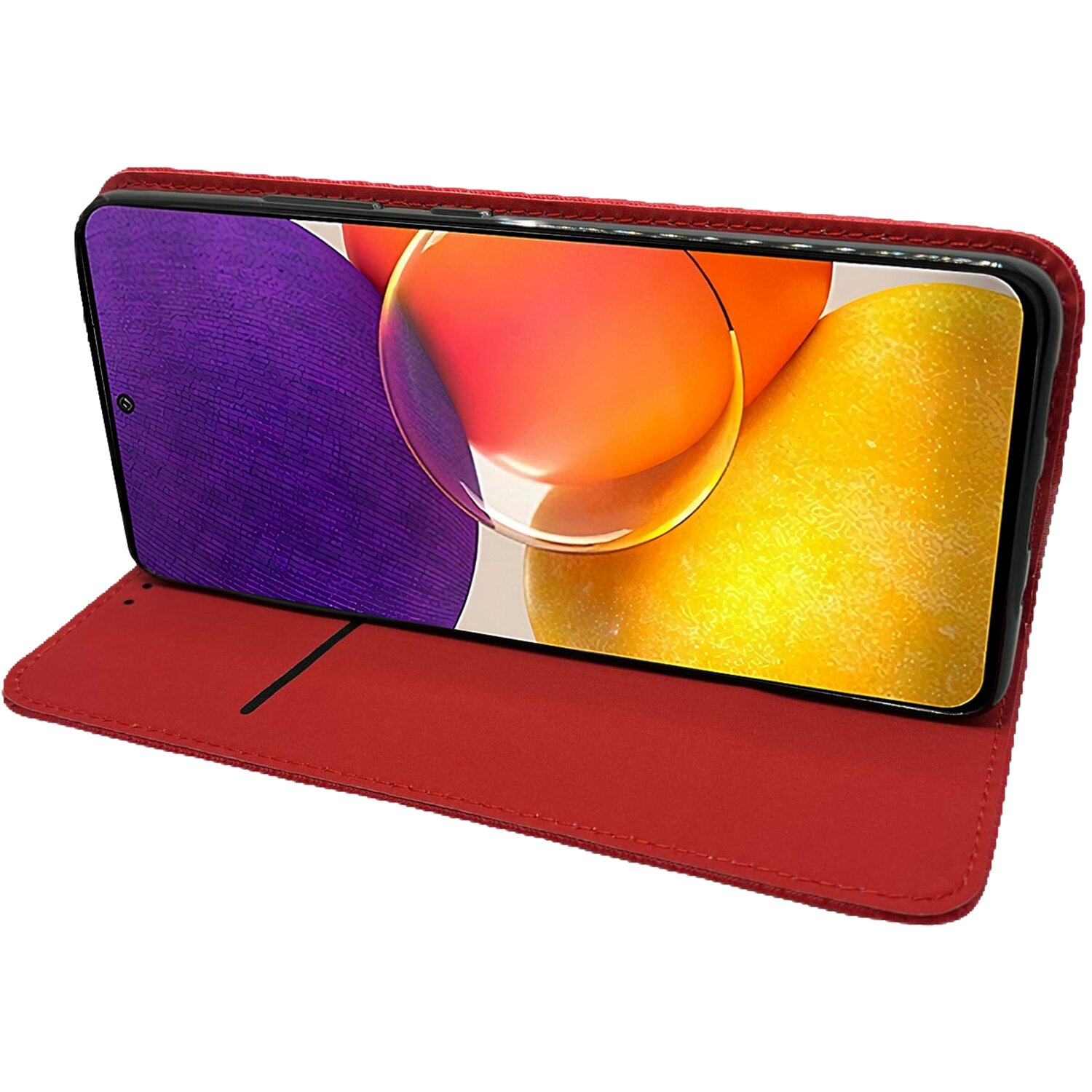 Eine rote Handyhülle mit einem Handy, das ein Bild anzeigt, geöffnet auf einer Oberfläche.