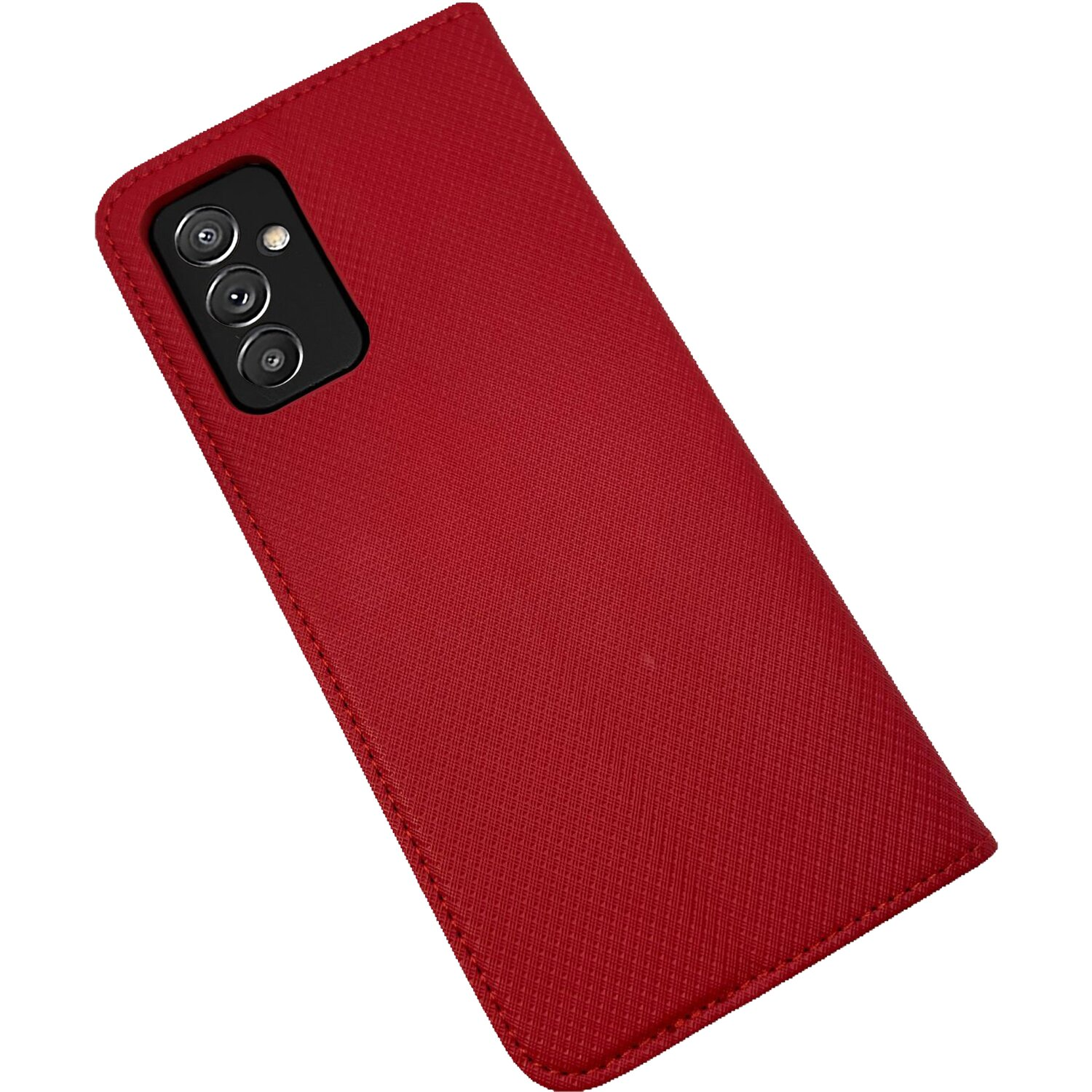 Eine rote Handyhülle mit einem Telefon darin. Das Telefon hat drei Kameras. Die Hülle ist geschlossen.