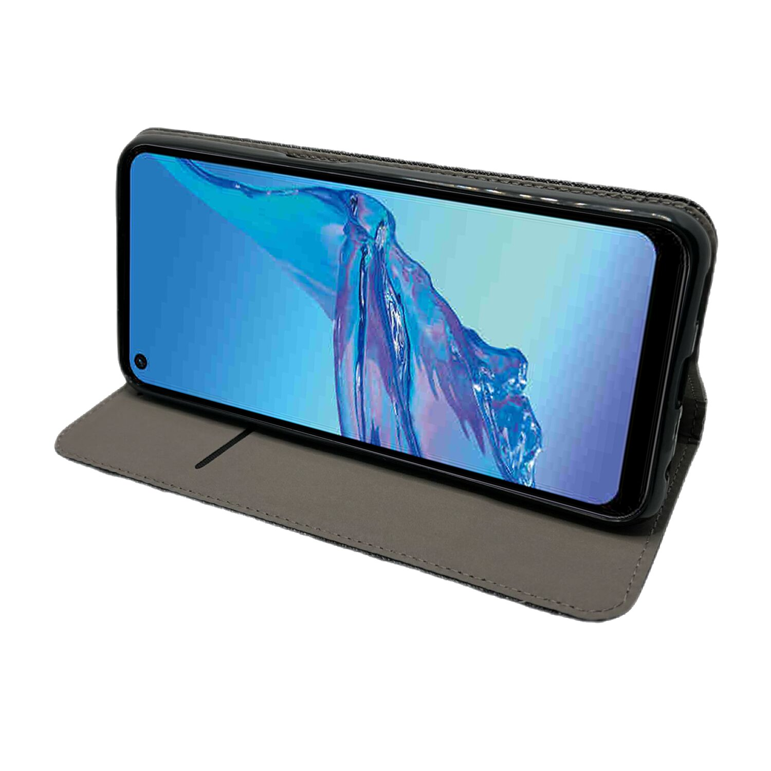 Smartphone in einer schwarzen, geschlossenen Folio-Hülle, Bildschirm zeigt ein farbenfrohes Bild.
