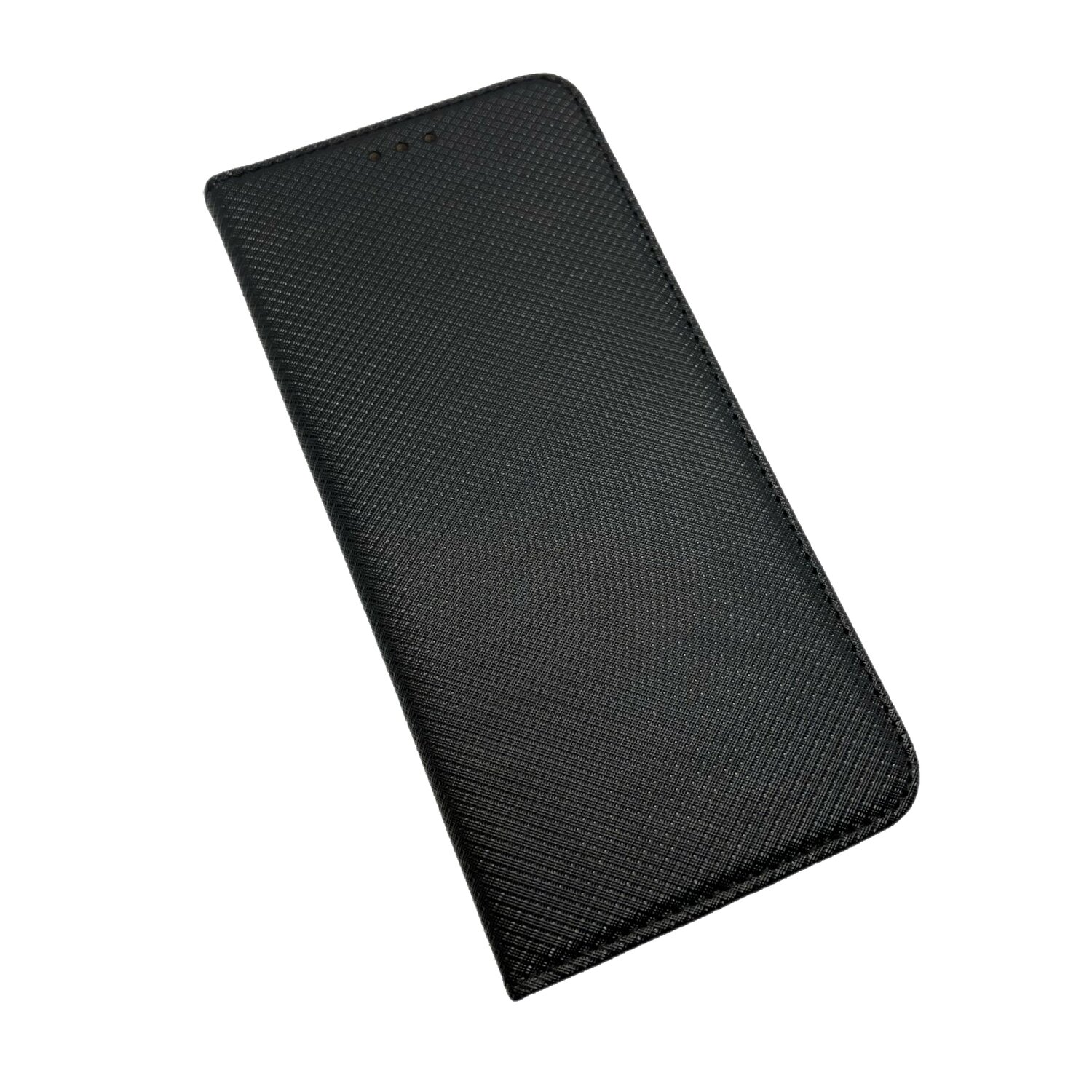 Eine schwarze Handyhülle. Sie ist geschlossen, mit strukturiertem Muster und einfarbiger, schwarzer Farbe.