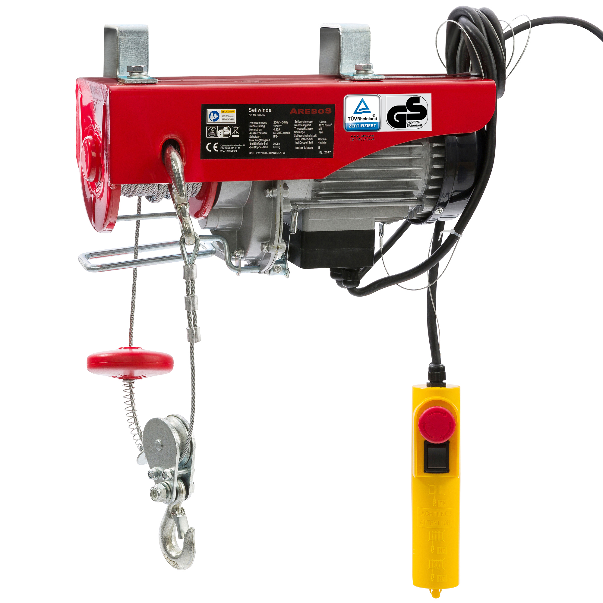 Roter und silberner Elektro-Hebezug mit Kabel und gelber Steuereinheit.
