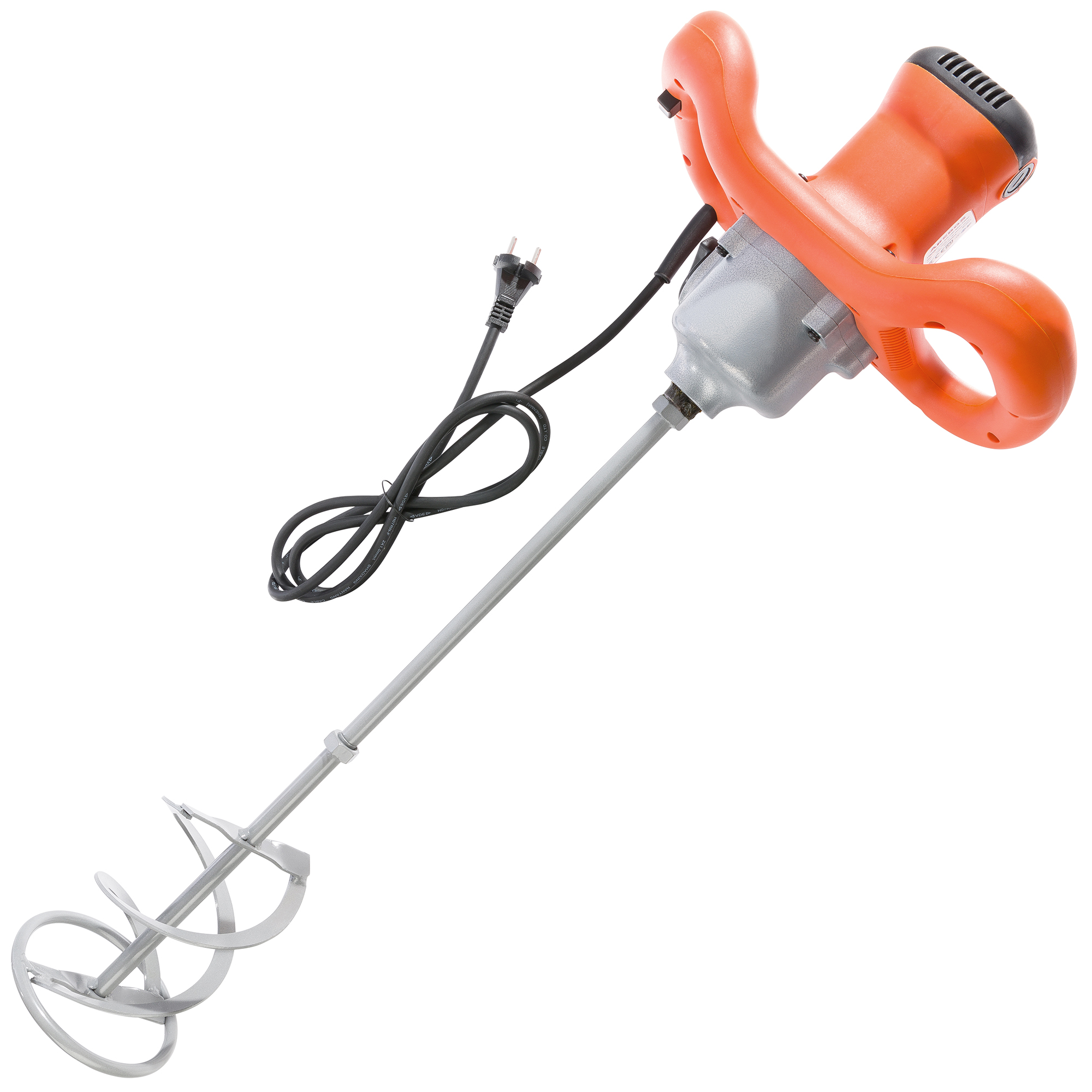 Ein orangefarbener und grauer elektrischer Mixer. Er hat einen silbernen Mixaufsatz und ein schwarzes Netzkabel.