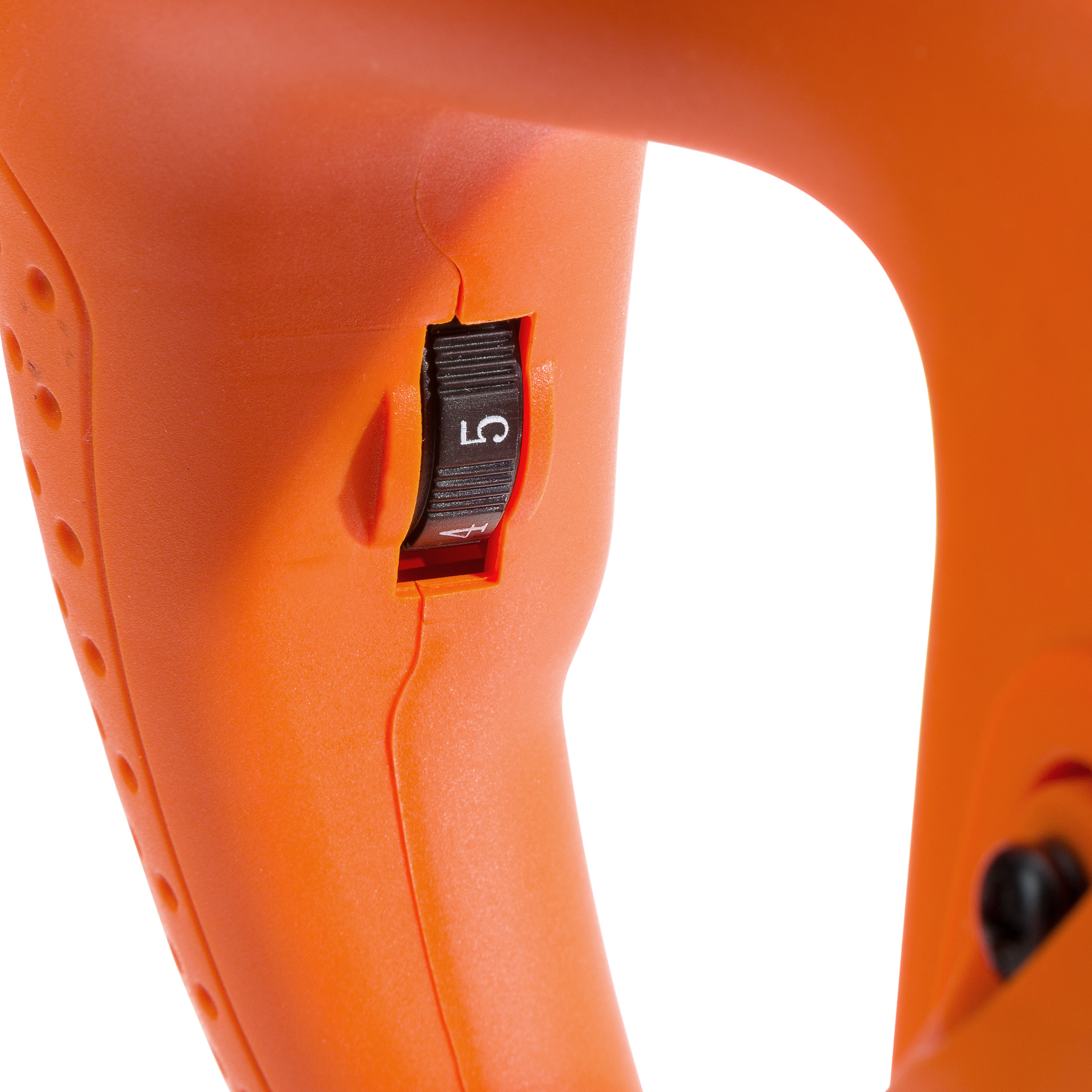 Ein orangefarbenes Werkzeug mit einem schwarzen Schalter mit der Aufschrift '5'.