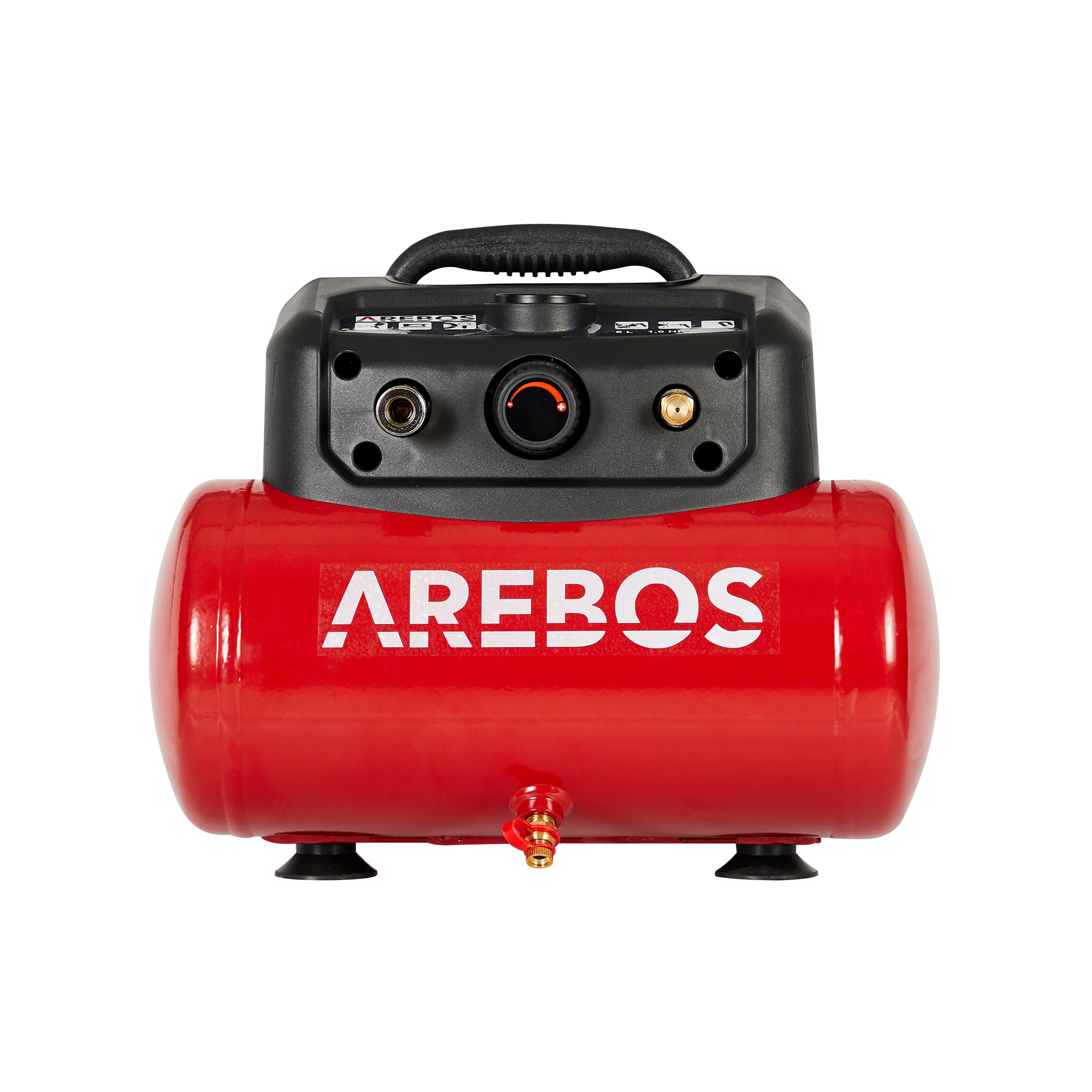 Roter Arebos-Luftkompressor. Schwarzer Deckel mit Griff und Drehknopf. Auf weißem Hintergrund.
