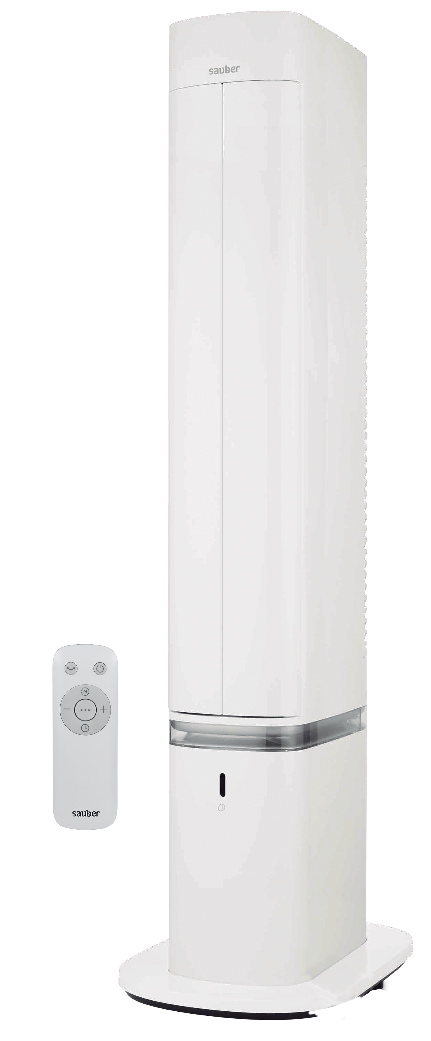 Un ventilador de torre Sauber blanco con un mando a distancia sobre un fondo negro.