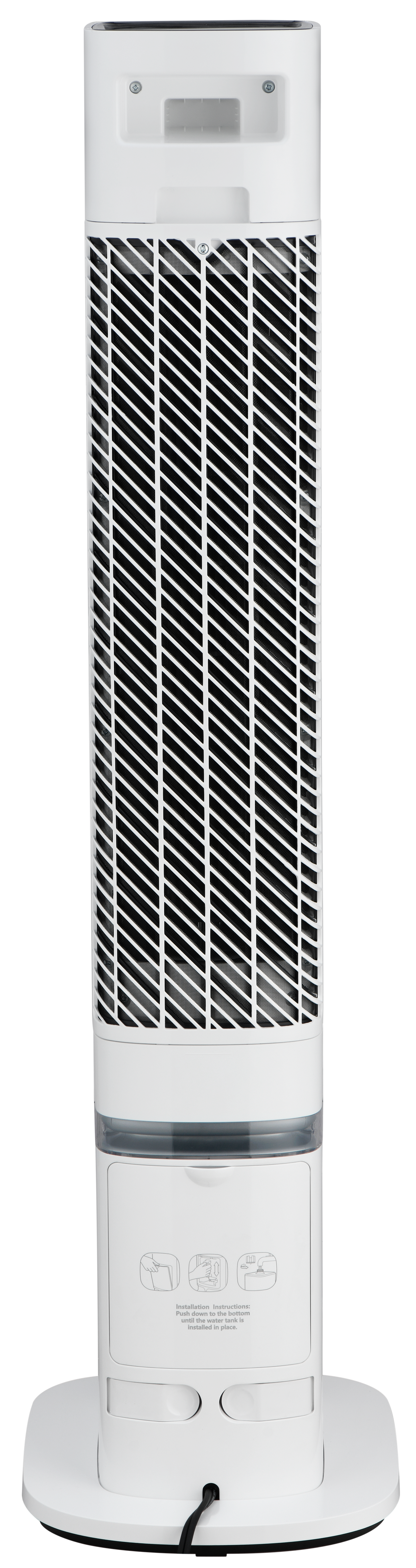 Ventilador de torre blanco alto con cable negro. Sobre base blanca contra fondo negro.