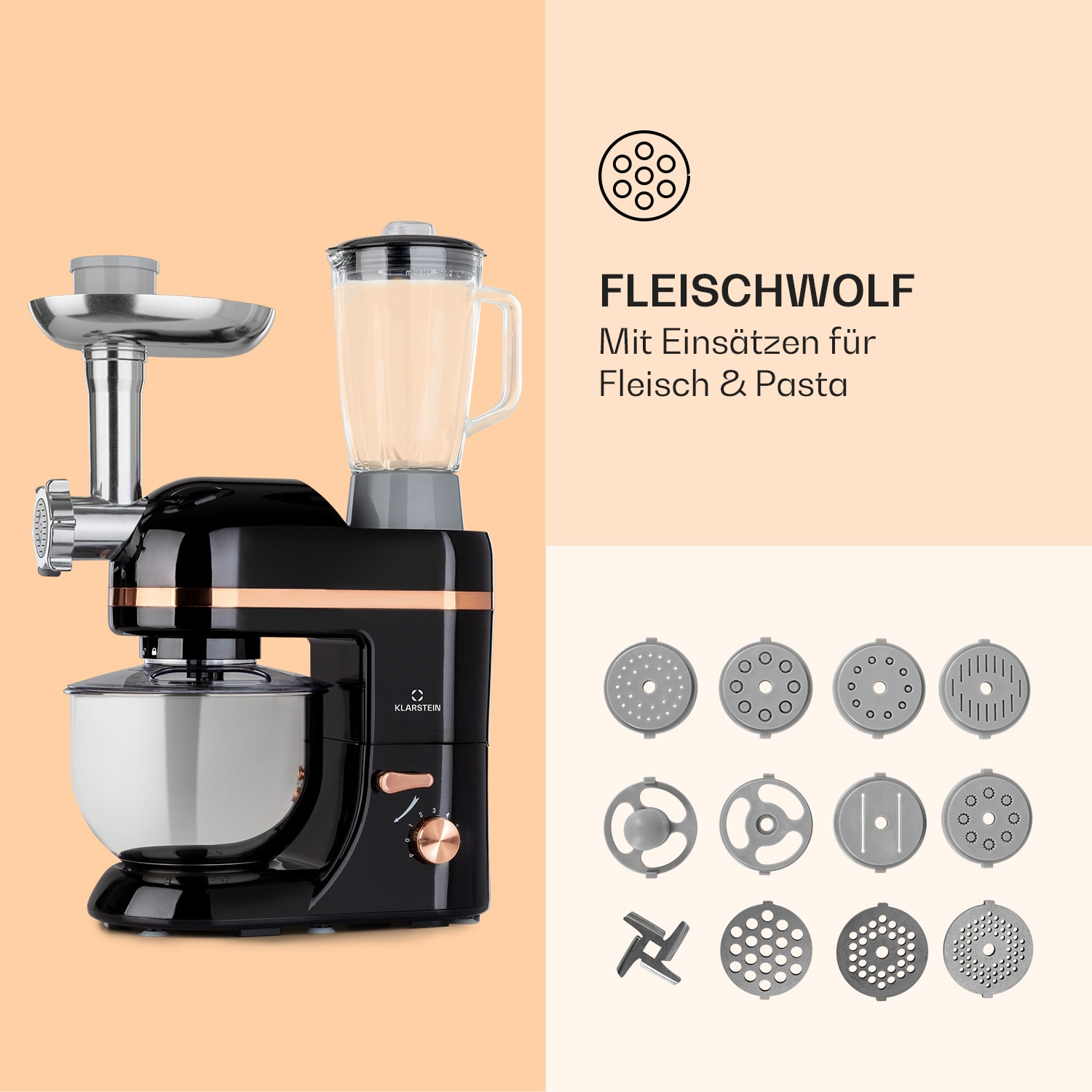 Schwarzes Küchengerät mit Aufsätzen zum Fleischwolfen und Pastamachen, auf hellorangem Hintergrund.