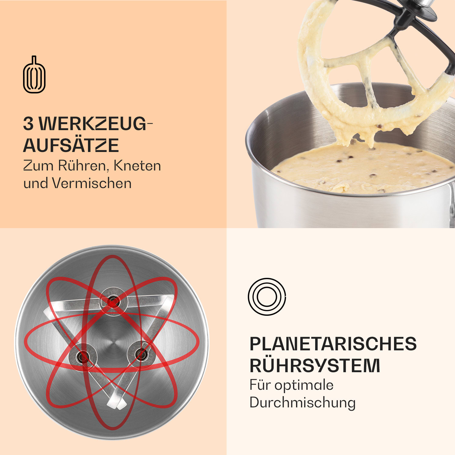 Ein Mixer mit Text und Bildern, die Rühraufsätze und das Planetenrührwerk zeigen.