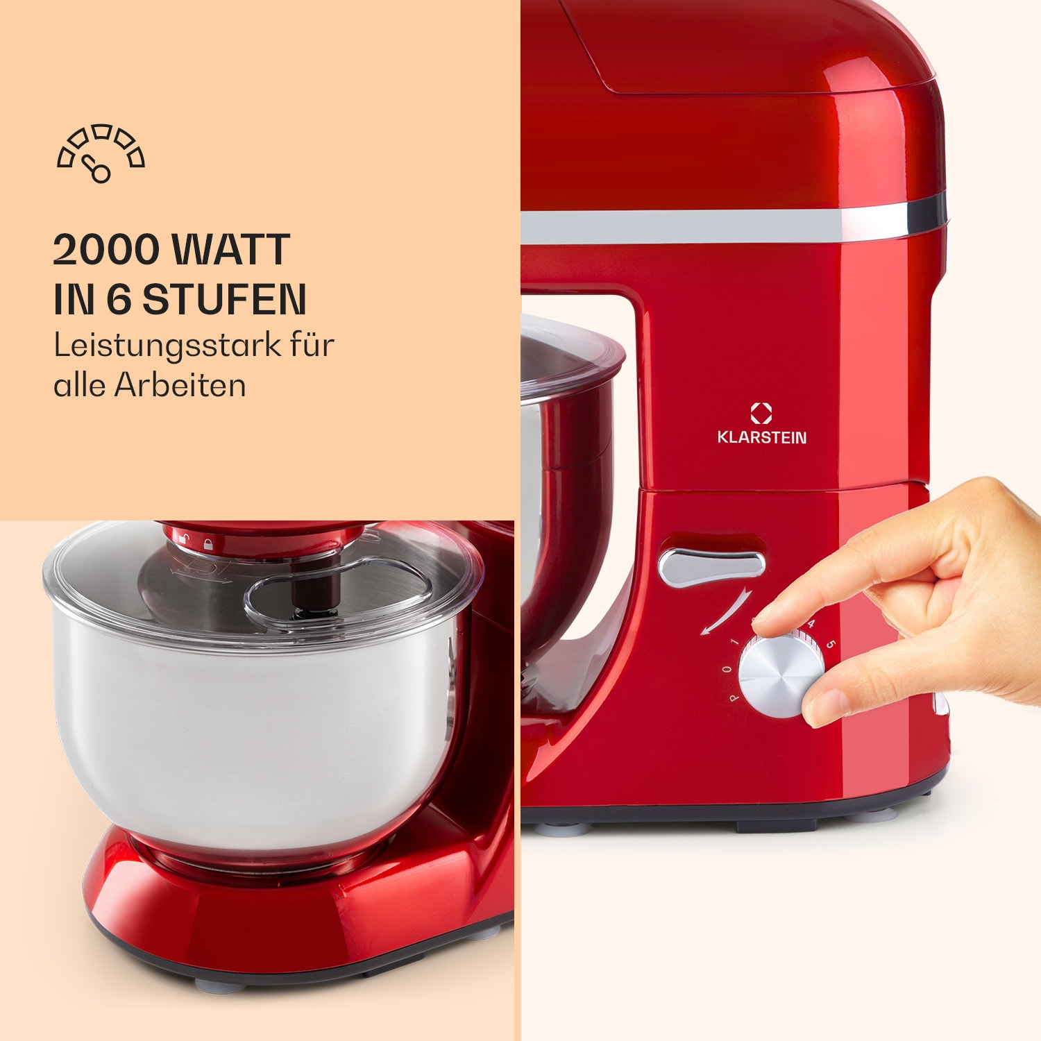 Roter Standmixer mit Schüssel, Hand dreht den Drehregler. Text: 2000W in 6 Stufen.