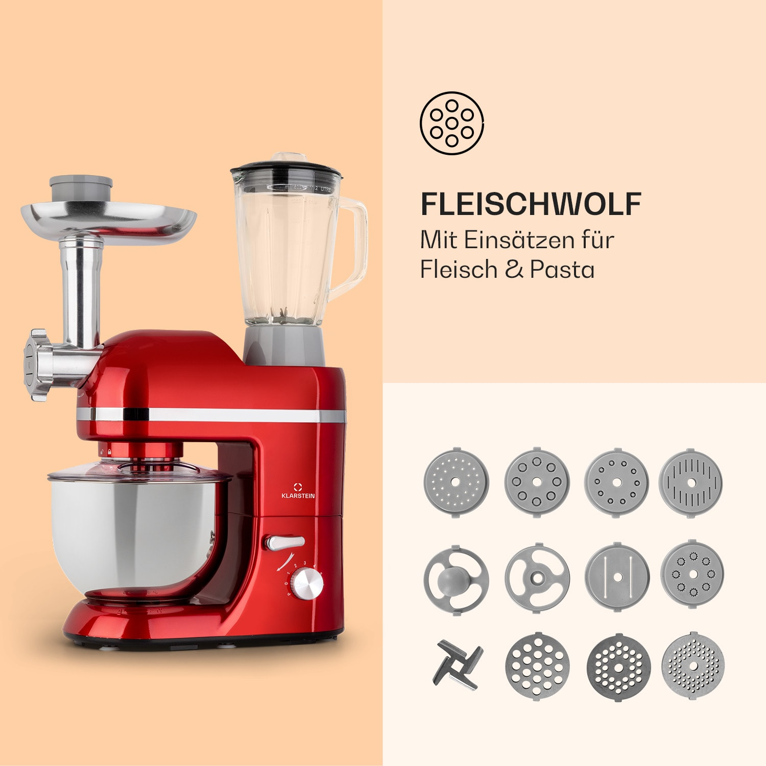 Eine rote Küchenmaschine mit Aufsätzen. Verschiedene Aufsätze für Fleisch und Pasta werden angezeigt.