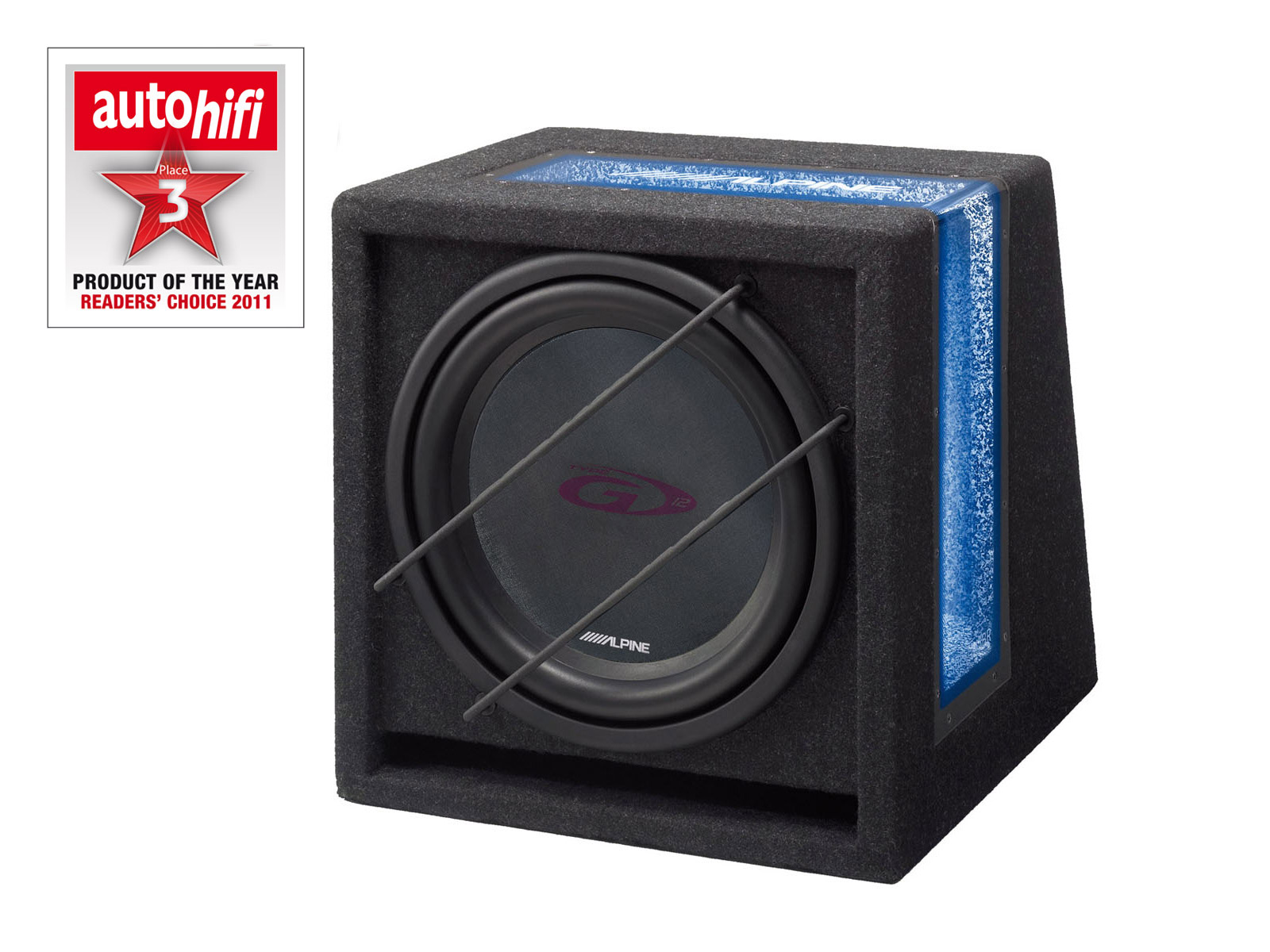 Subwoofer-Box für das Auto, schwarz mit blauem Streifen und einem rot-weißen Auszeichnungsaufkleber.
