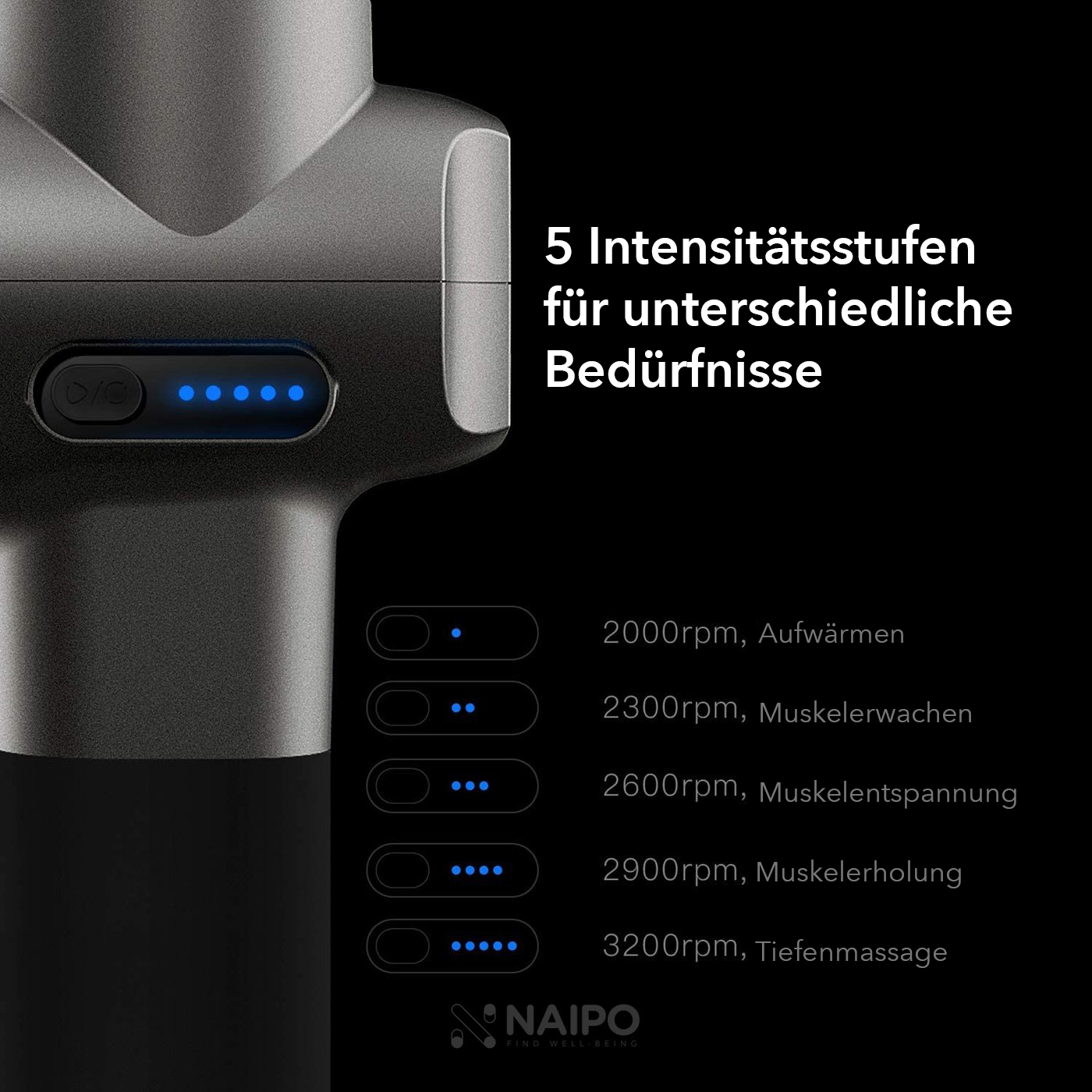 Schwarze Massagepistole. Textdetails zu den Intensitätsstufen. Weißer Hintergrund.