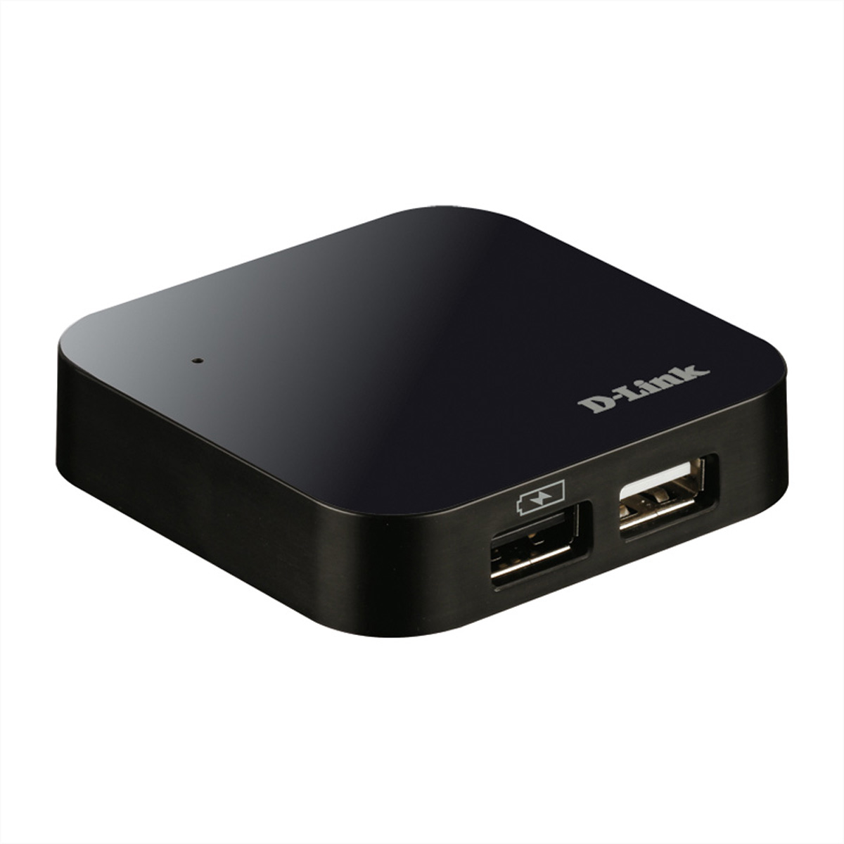 Czarny hub USB D-Link z portami USB i USB-C, widok z góry.