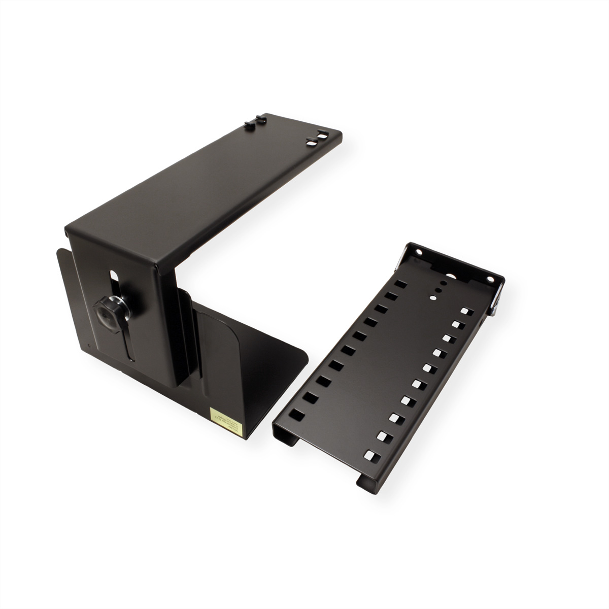Schwarze Metall-Regalhalterungen mit schwarzem Verstellmechanismus.