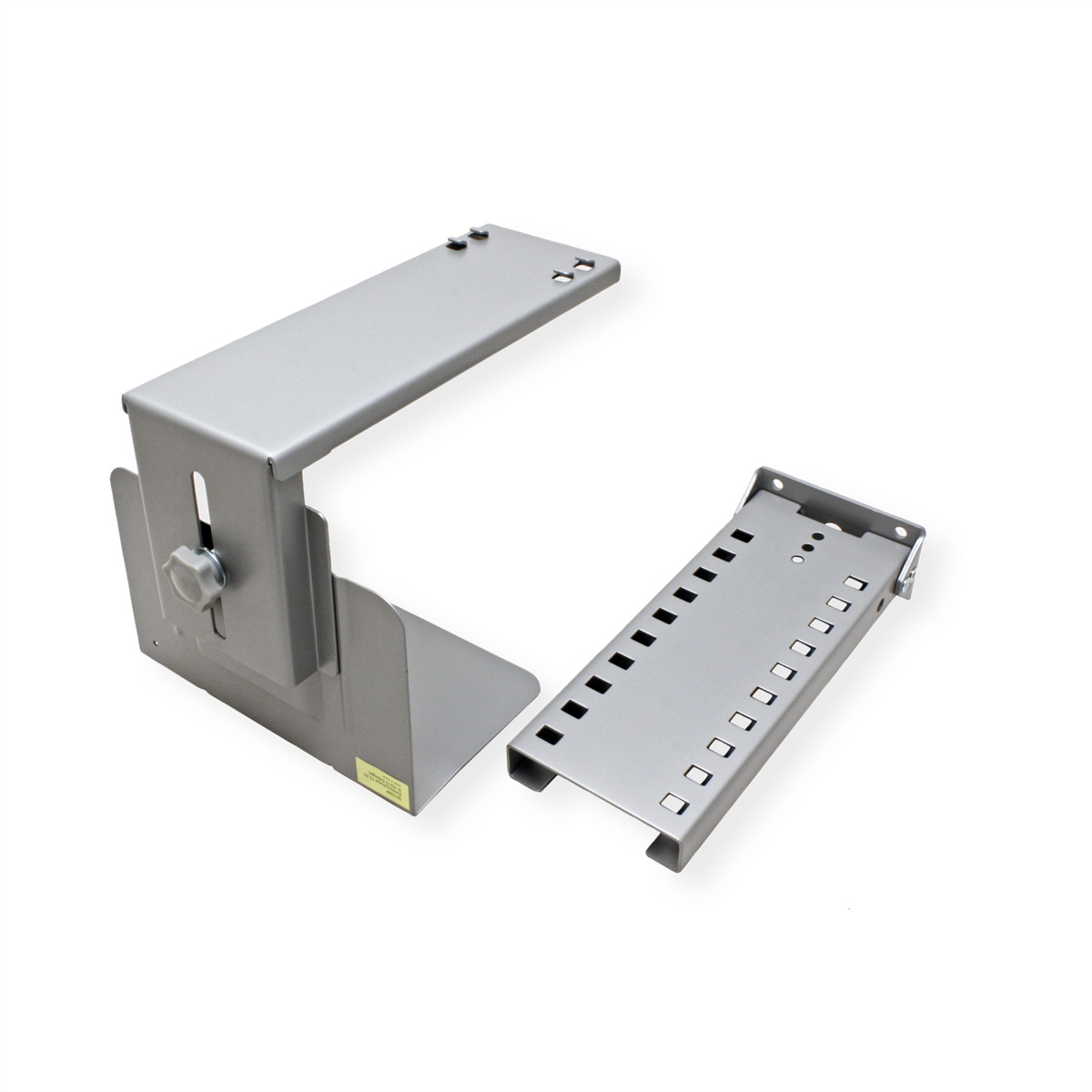 Zwei silberne Metallhalterungen, eine L-förmig, die andere eine flache Platte mit Löchern.
