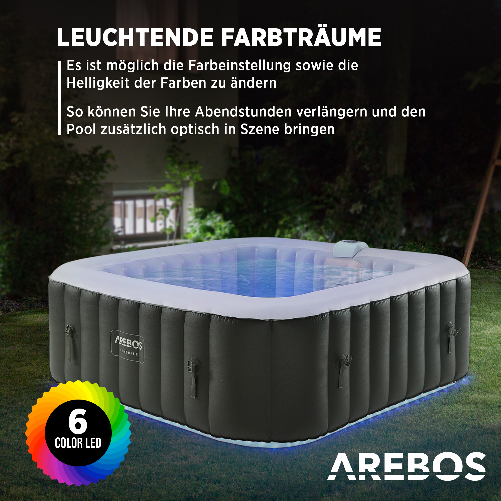 Schwarzer und grauer Whirlpool mit blauer Beleuchtung in einer grünen Rasenfläche, mit Text.