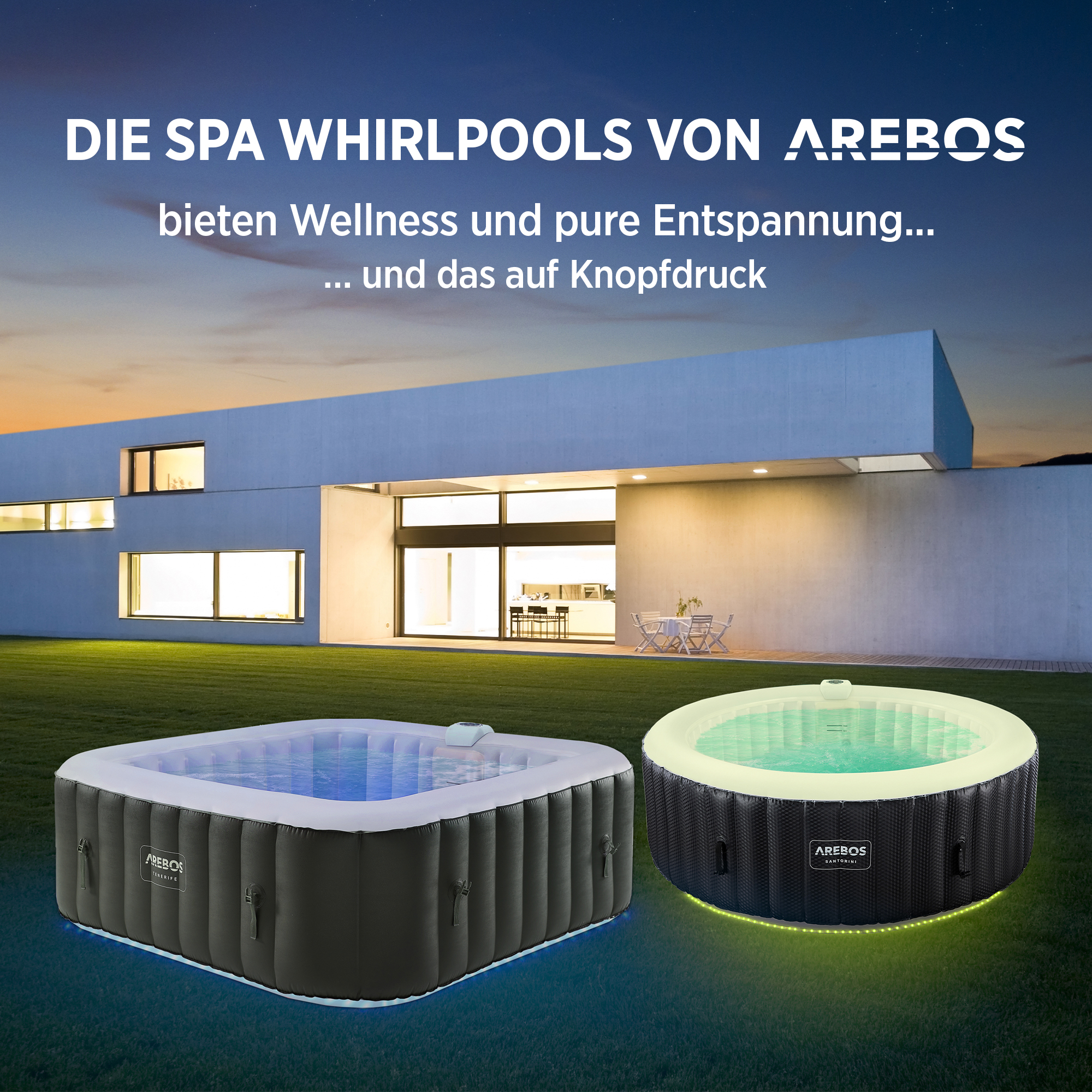 Zwei Outdoor-Spas, eines mit blauen, das andere mit grünen Lichtern, in einer modernen Hauslandschaft.