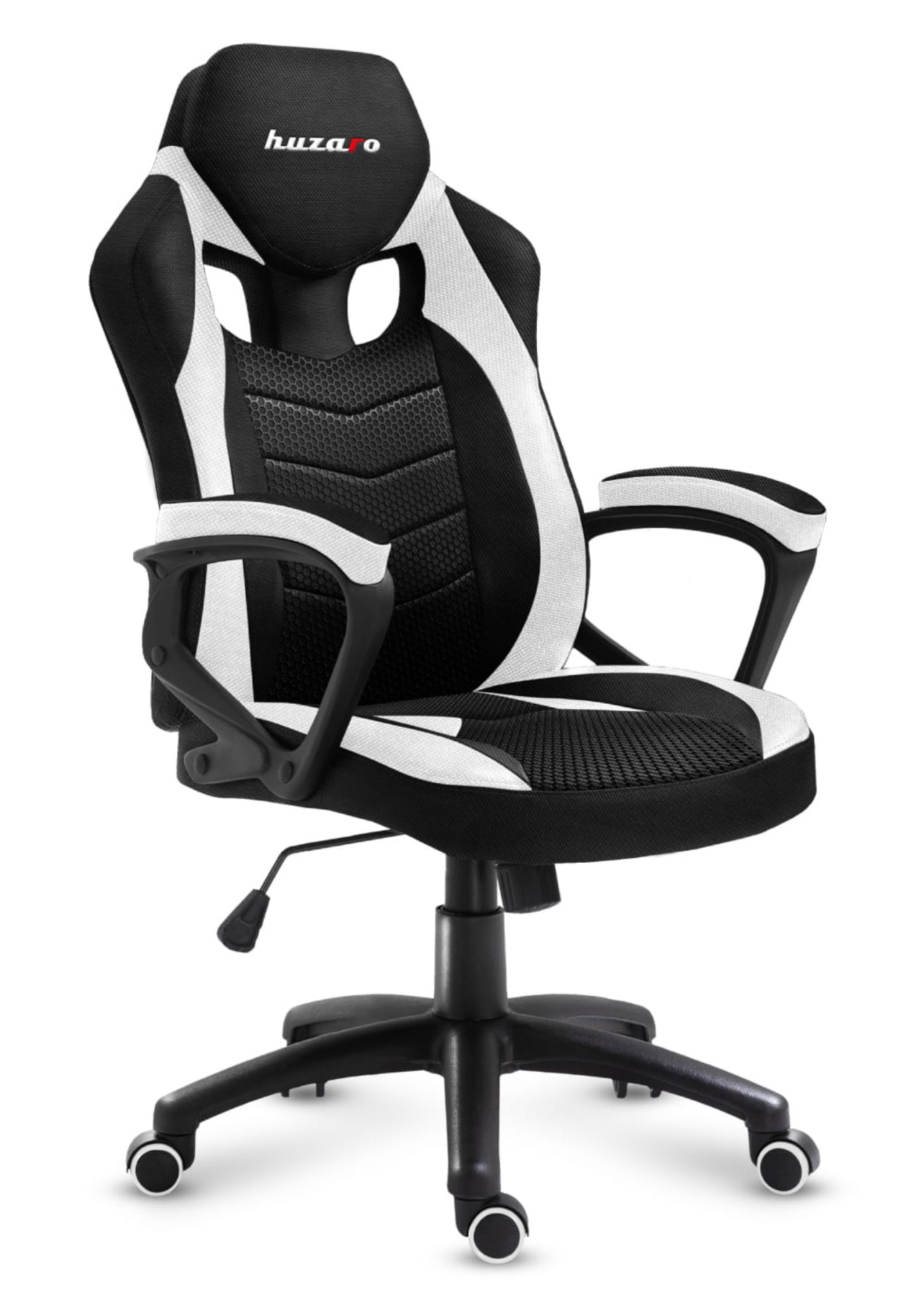 Czarno-białe krzesło gamingowe z zagłówkiem i podłokietnikami. Krzesło ma kółka.
