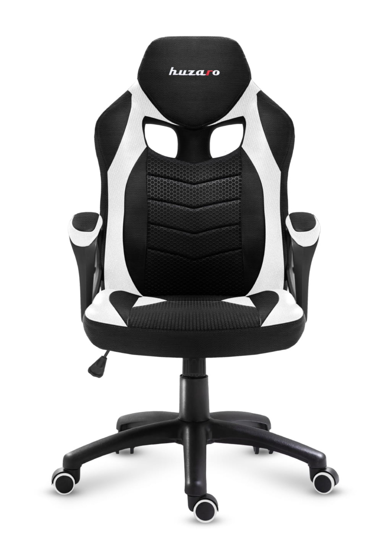 Krzesło do gier, czarno-białe. Krzesło ma zagłówek i podłokietniki. Tło jest białe.