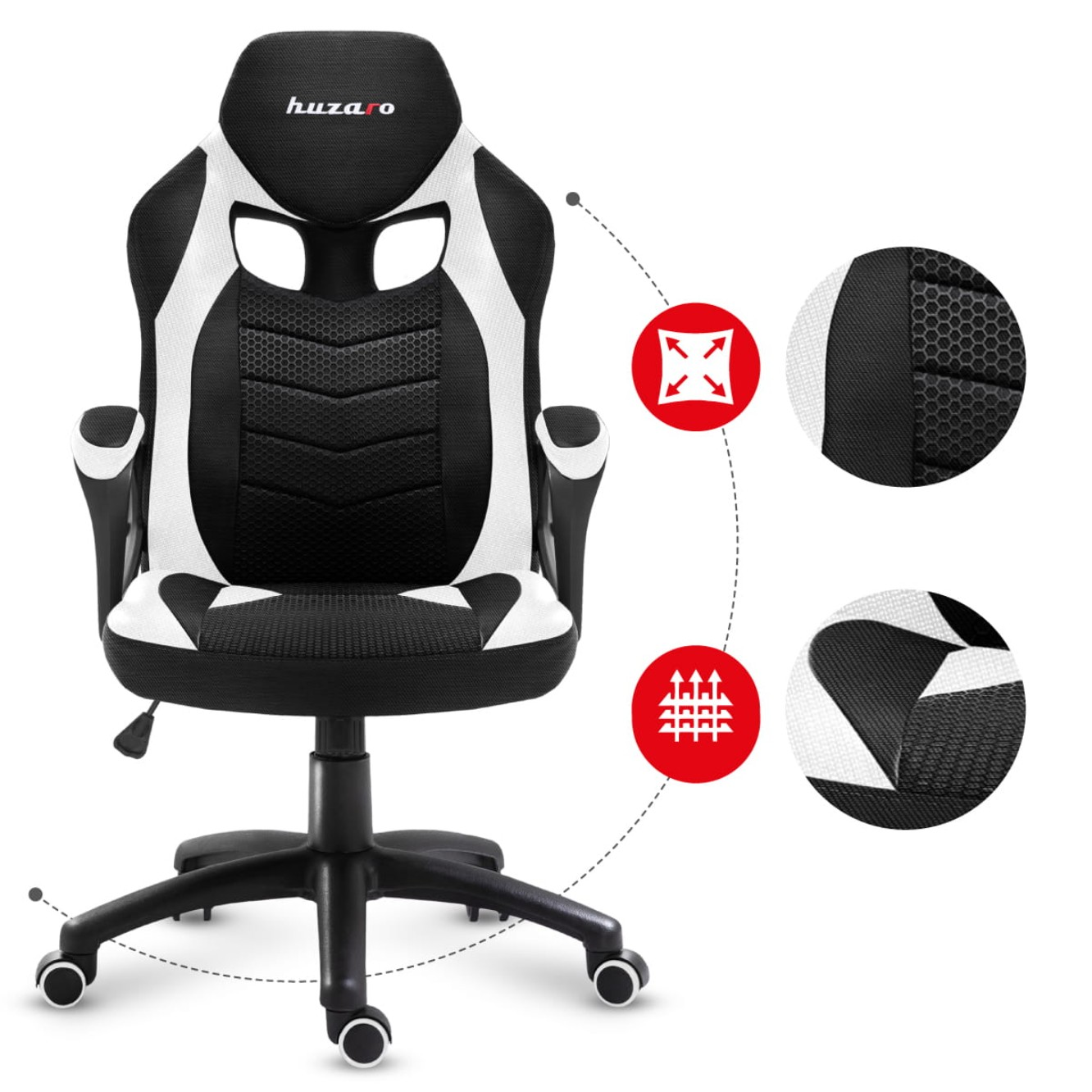 Czarny i biały fotel gamingowy z czerwonym emblematem i detalami. Ma koła i zagłówek.