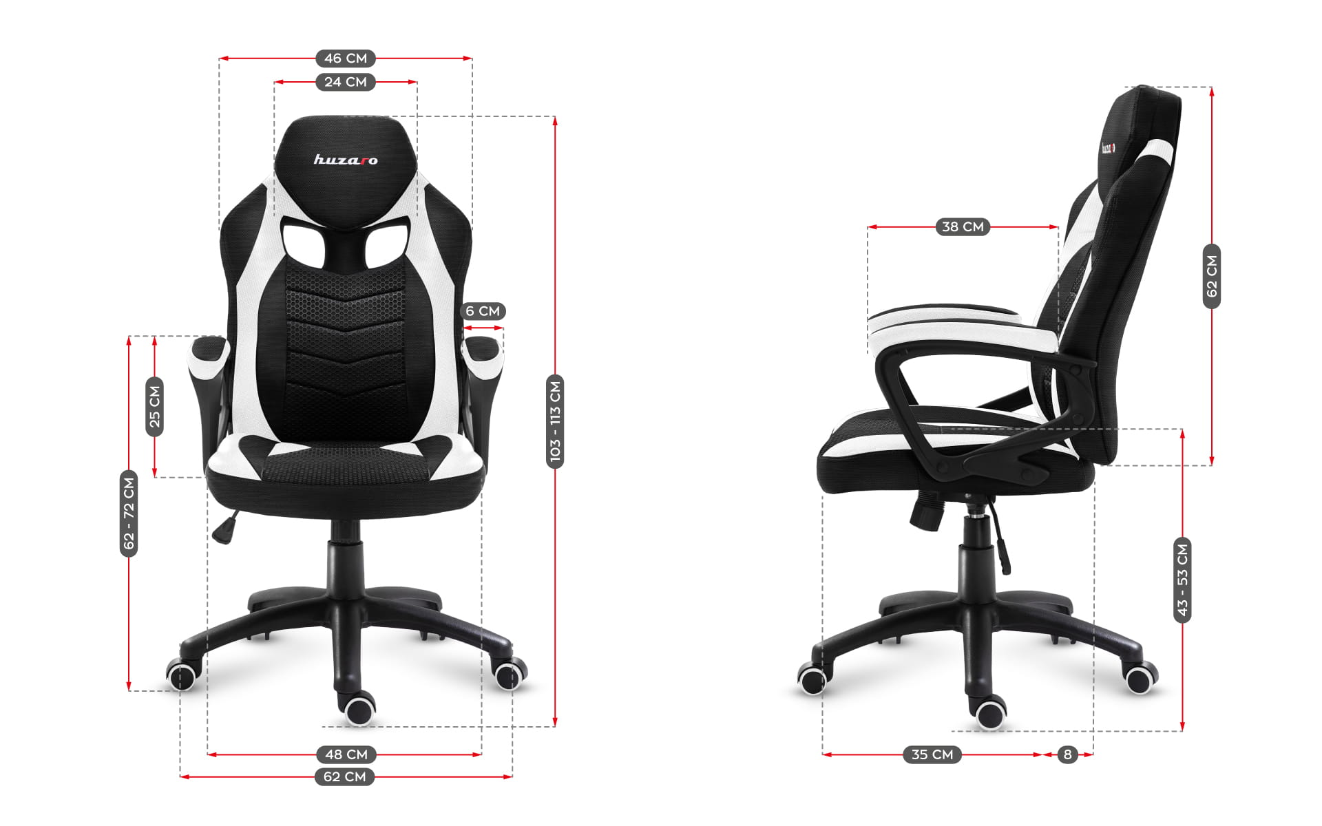 Czarno-białe krzesło gamingowe z wymiarami. Posiada wysokie oparcie, podłokietniki i podstawę z pięcioma kółkami.