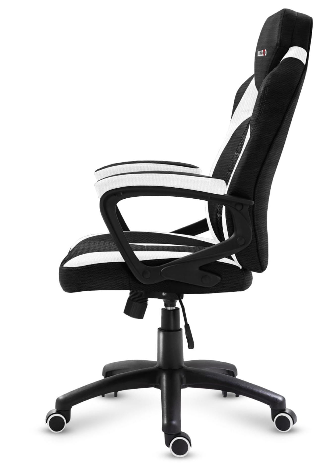Czarno-białe krzesło do gier, widok z boku. Krzesło ma czarną podstawę i białe akcenty.