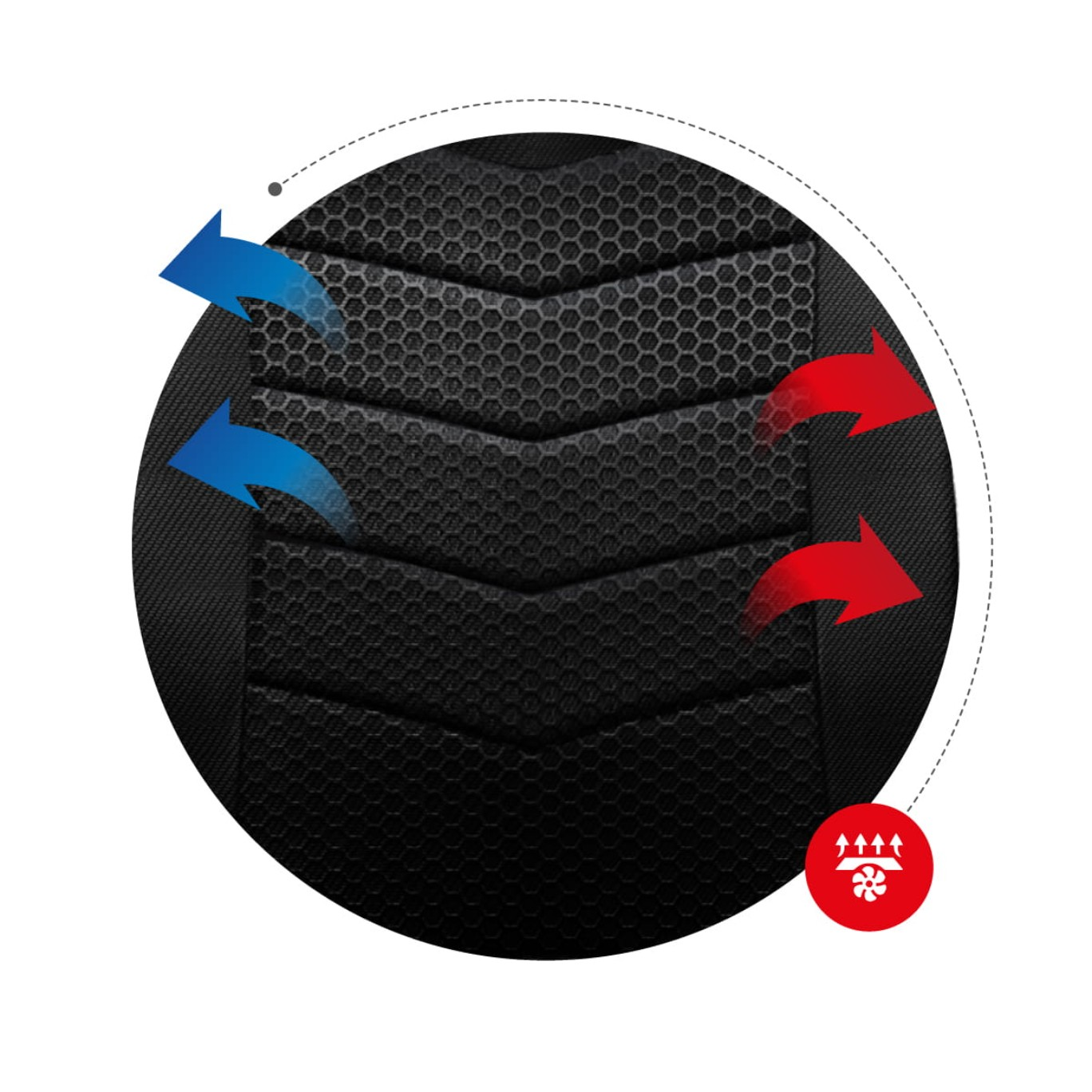 Zbliżenie oparcia krzesła z czarnym wzorem plastra miodu, przepływem powietrza i czerwonymi strzałkami.