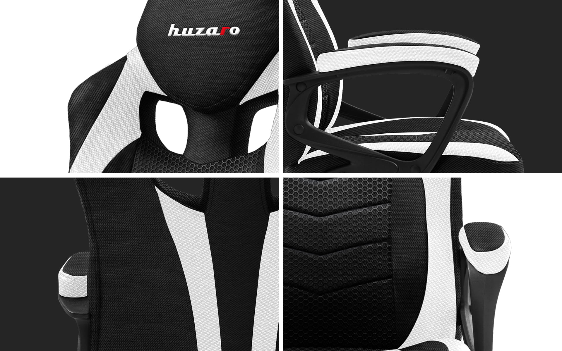 Zbliżenia czarno-białego fotela do gier pokazujące zagłówek, podłokietniki i siedzisko.