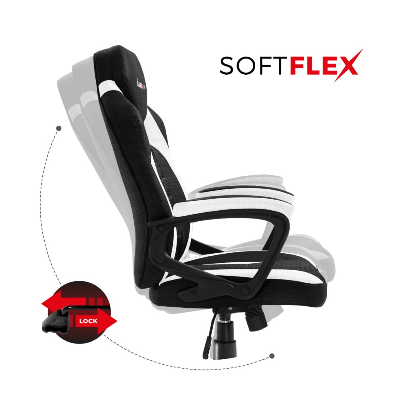 Krzesło gamingowe w kolorze czarno-białym z czerwonym symbolem blokady na białym tle.