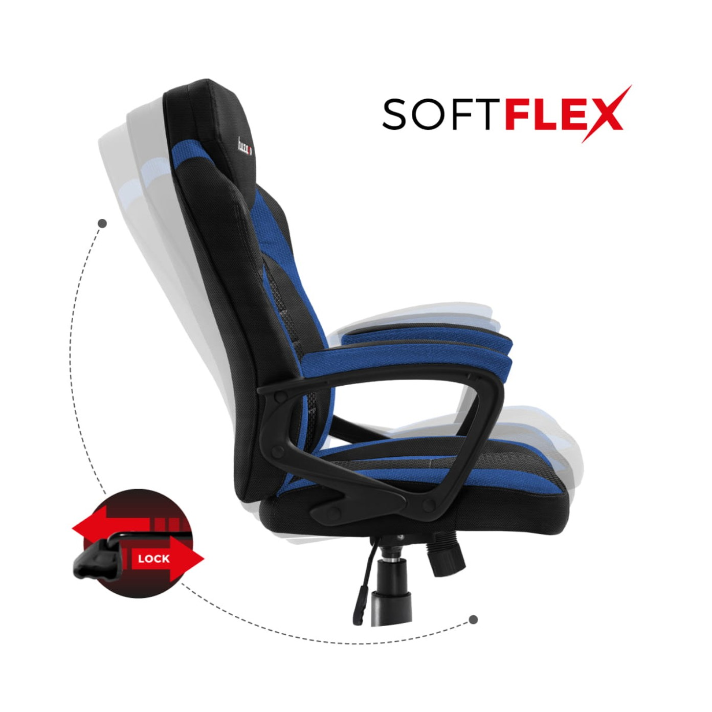 Ein schwarz-blauer Gaming-Stuhl mit dem Wort SOFFLEX und einem Schloss-Symbol.