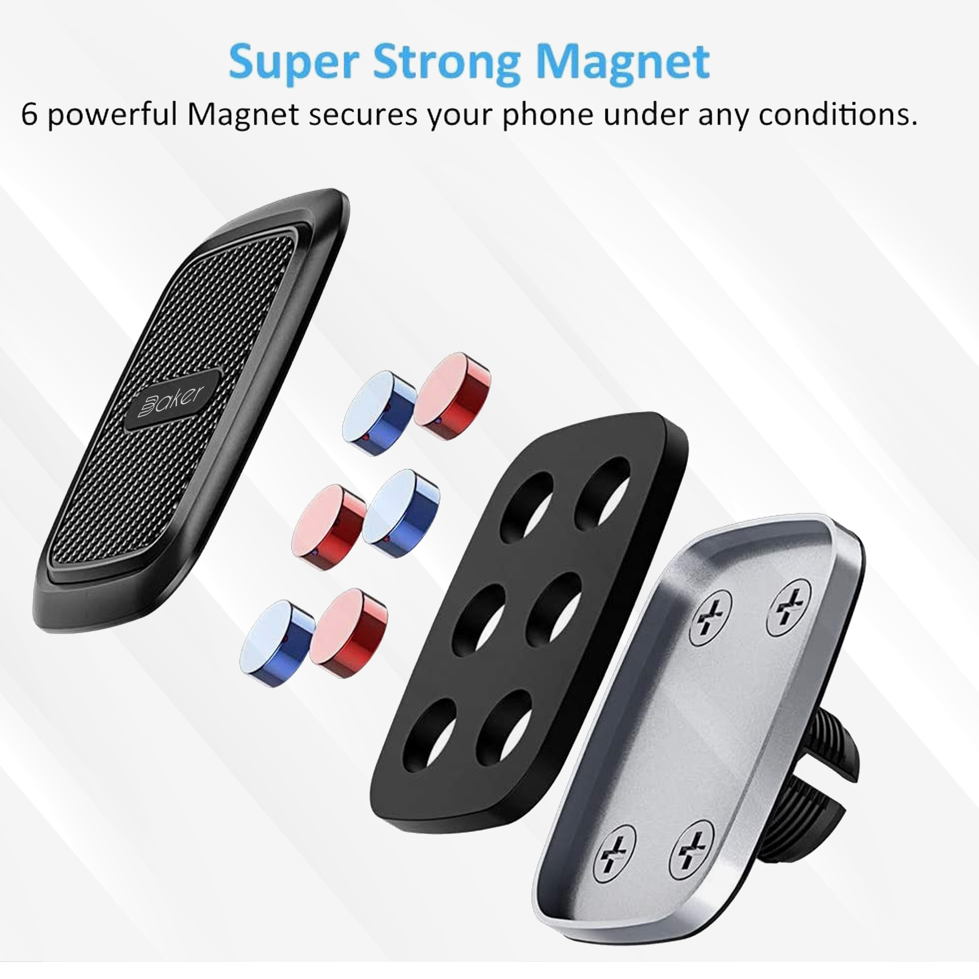 Magnetische Handyhalterungskomponenten: ein strukturiertes Pad, Magnete und eine Halterung. Text: Super Strong Magnet.
