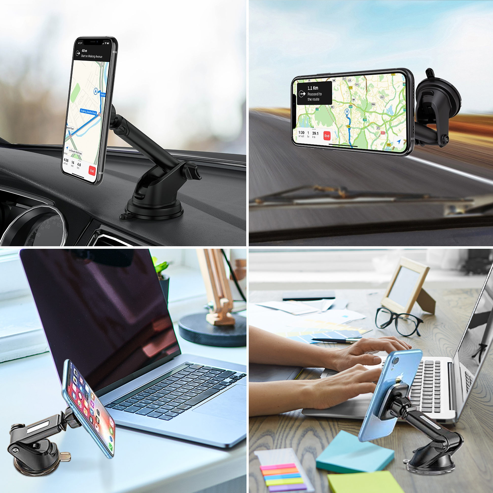 Vier Bilder zeigen ein Telefon in einer Autohalterung. Das Telefon zeigt eine Karte und liegt auf einem Schreibtisch mit einem Laptop.