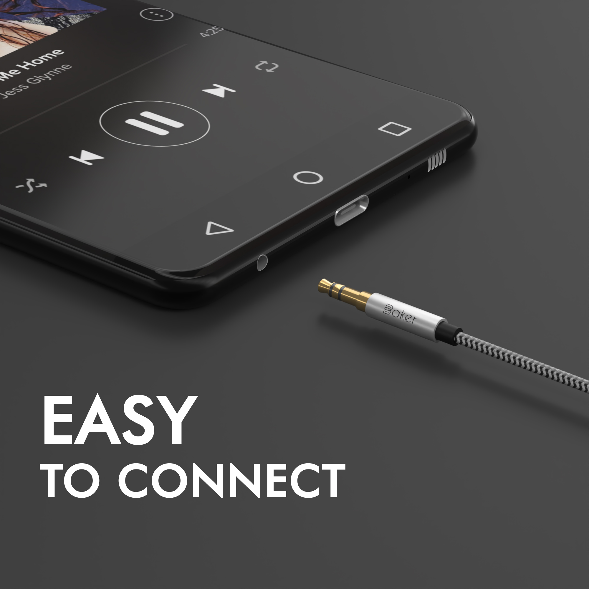 Schwarzes Smartphone mit Musikwiedergabe, Kopfhöreranschluss und Baker-Kabel mit