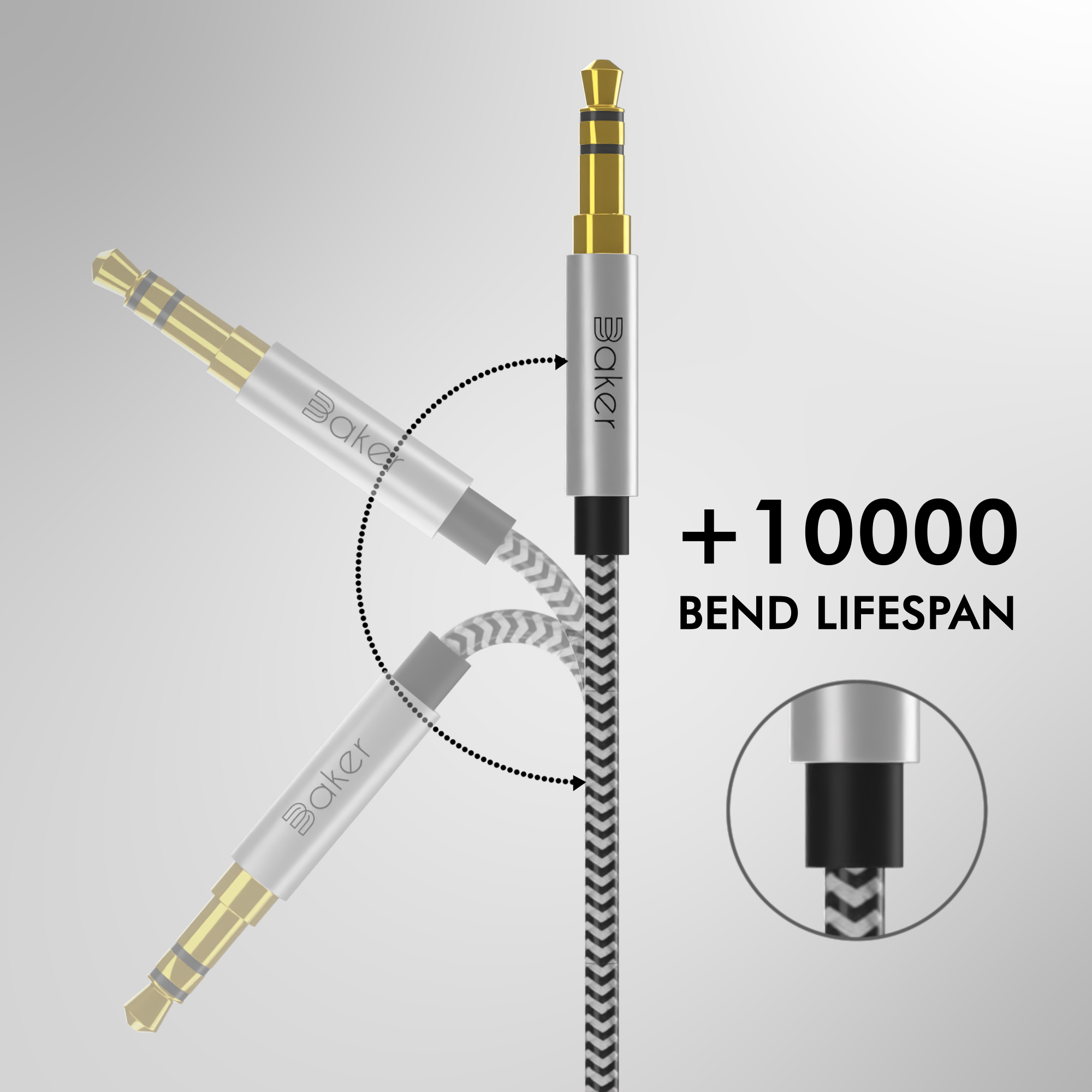 Audiokabel mit schwarz-weiß geflochtenem Kabel und goldfarbenen Steckern.