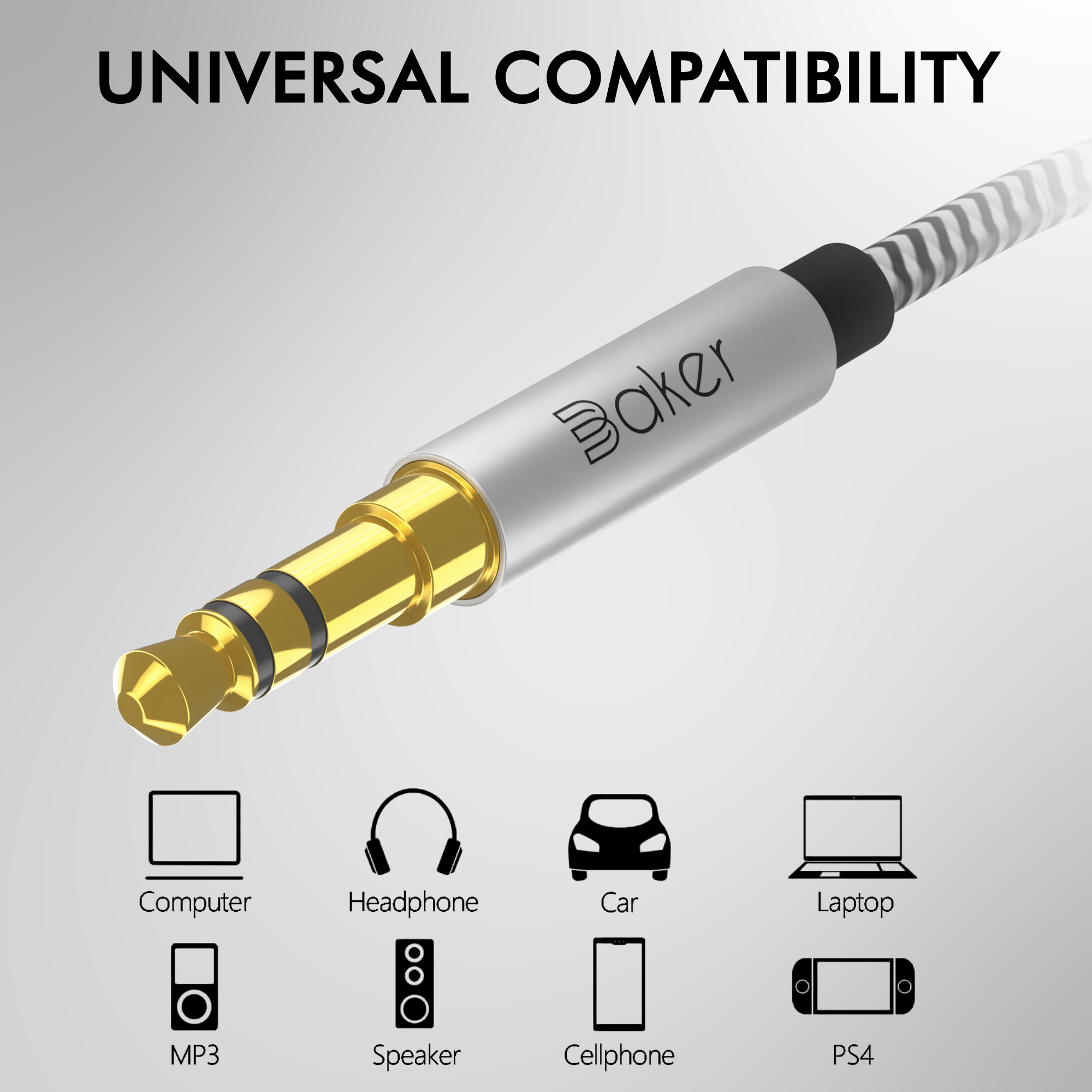 Audiokabel mit goldenen Steckern, mit Symbolen für Computer, Kopfhörer, Auto usw.